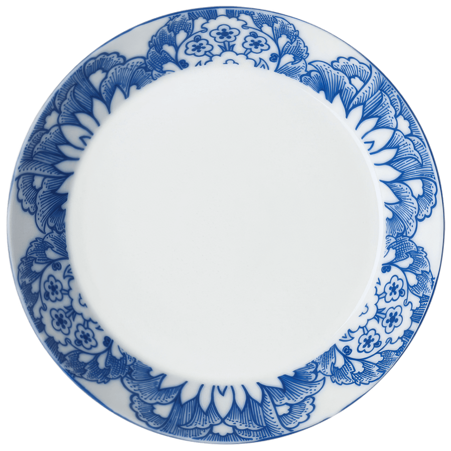 Porzellanteller mit blauem Blumenmuster, stehende Ansicht, weiße Innenfläche. Fürstenberg Porzellan.