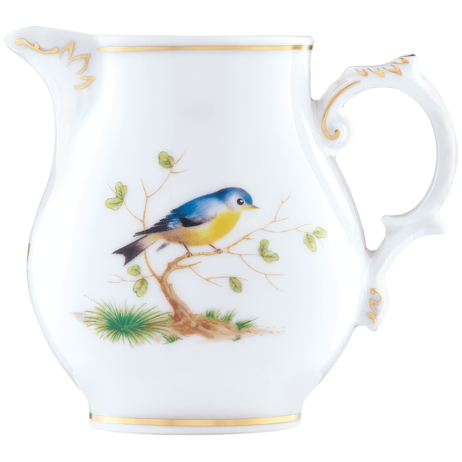 Porzellanmilchkännchen zeigt Vogelmotiv auf Ast mit Blättern, goldverziert. Fürstenberg Porzellan.
