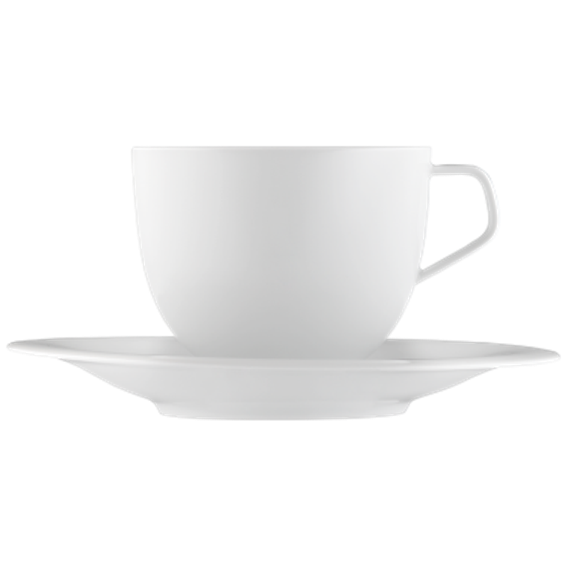 Weiße Kaffeetasse mit türkis-goldenem Rand auf passender Untertasse. Fürstenberg Porzellan.