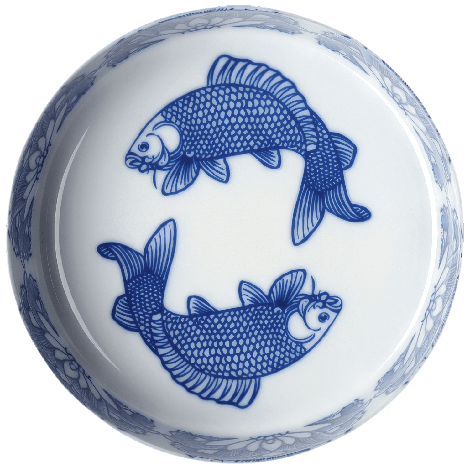 Runde Porzellandose mit blauem Fisch-Motiv und floralem Muster. Fürstenberg Porzellan.