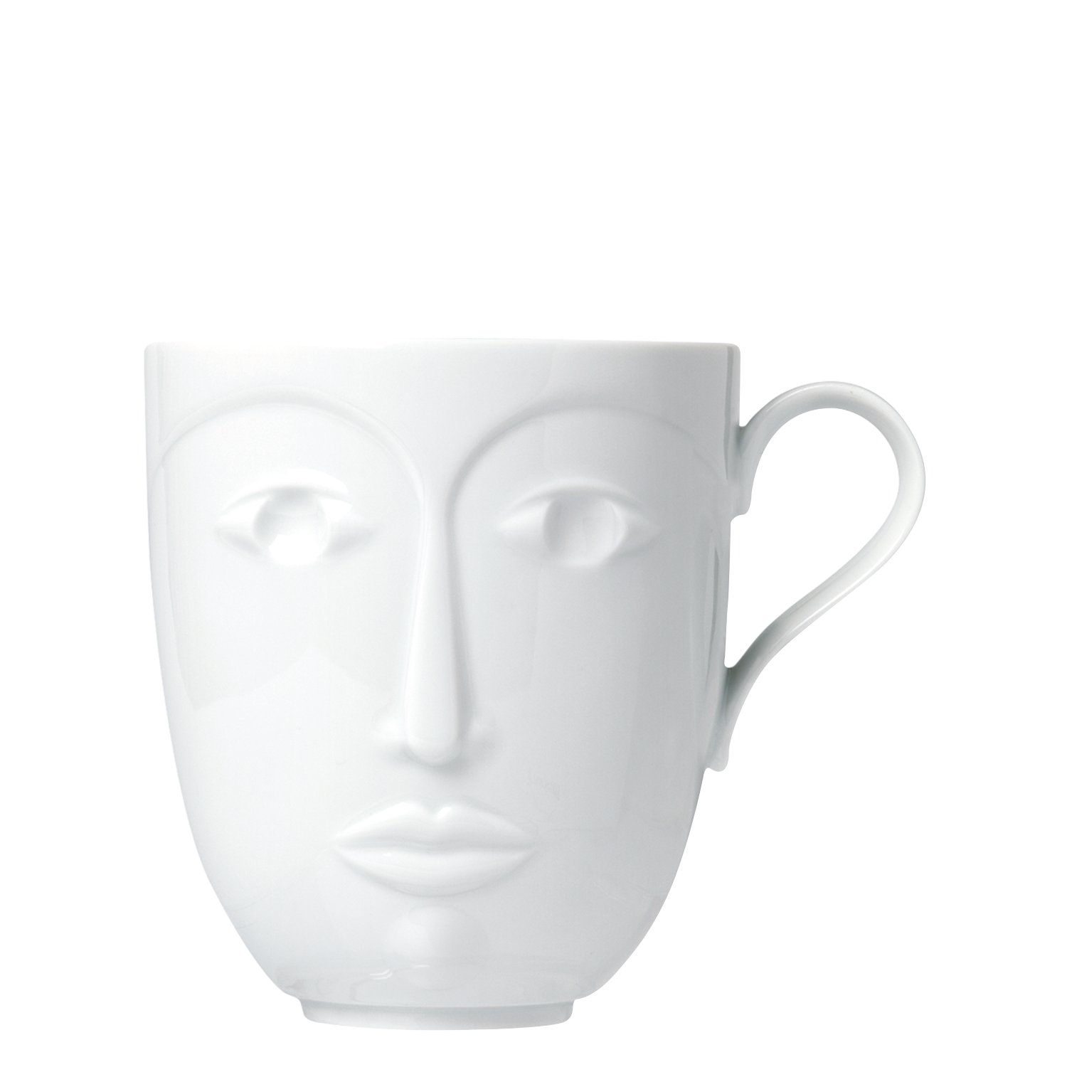 Weiße Tasse mit eingeprägtem Gesichtsmotiv, Henkel rechts, schlichtes Design. Fürstenberg Porzellan.