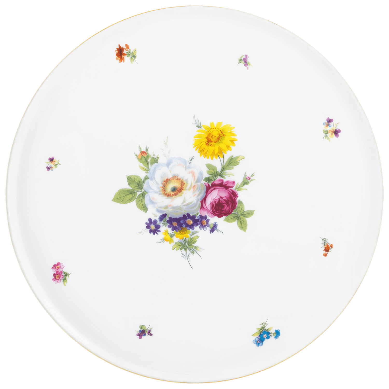 Weißer Porzellanteller mit buntem Blumenmotiv in der Mitte. Fürstenberg Porzellan.