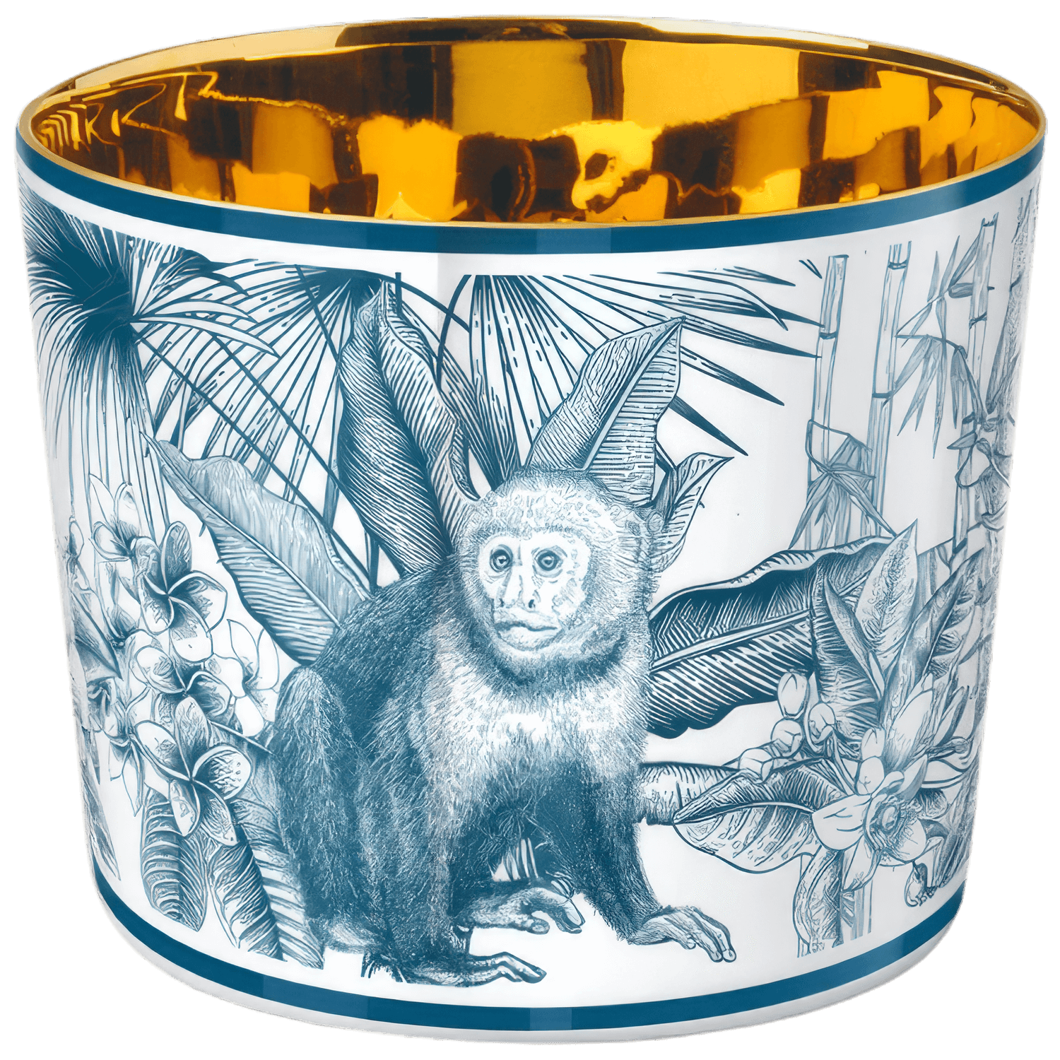 Elegante Vase mit Affenmotiv, goldener Innenfläche, umgeben von tropischen Pflanzen. Fürstenberg Porzellan.