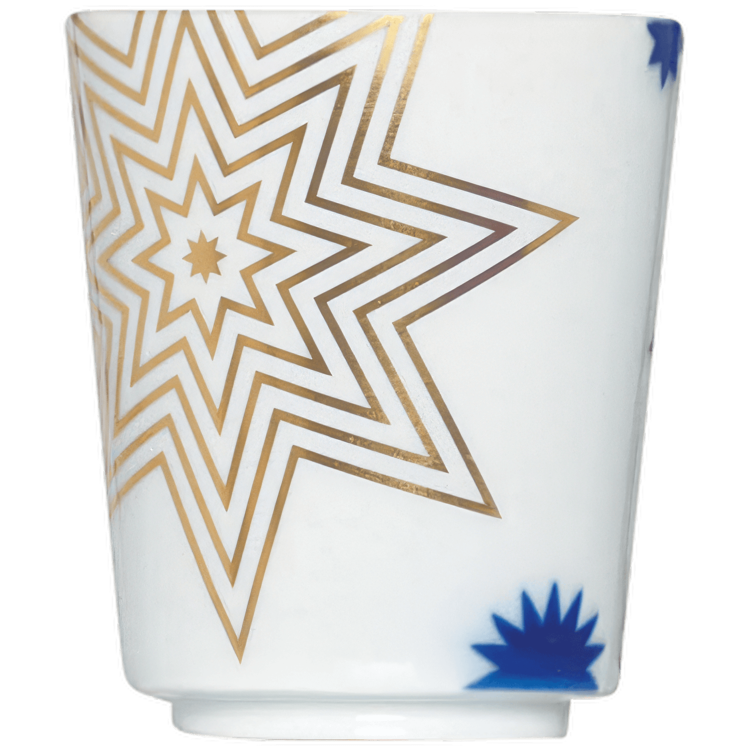 Weiße Espressotasse mit goldener Sternenverzierung und blauen Akzenten. Fürstenberg Porzellan.