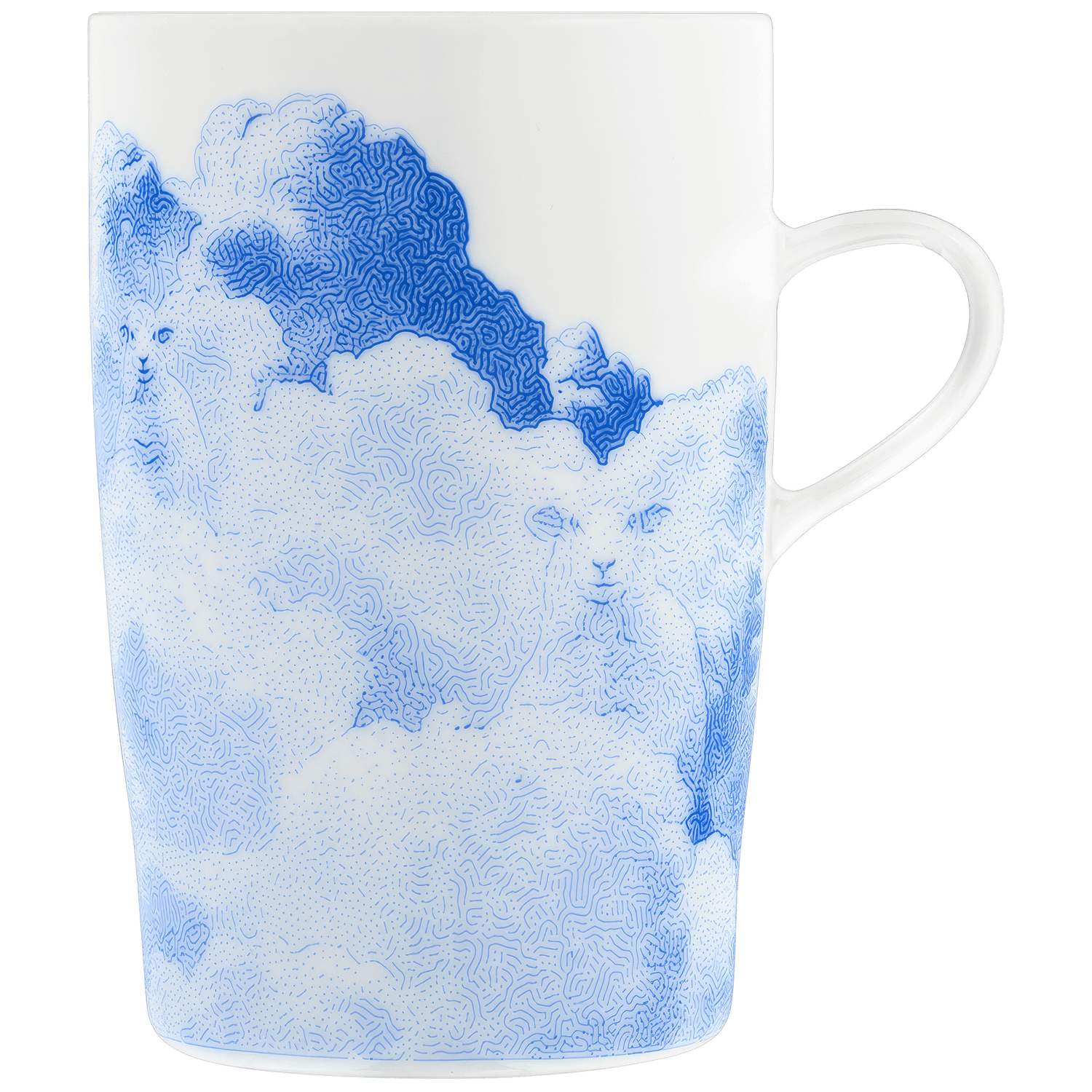 Weiße Tasse mit blauem Wolken- und Löwenkopf-Muster, Henkel rechts. Fürstenberg Porzellan.