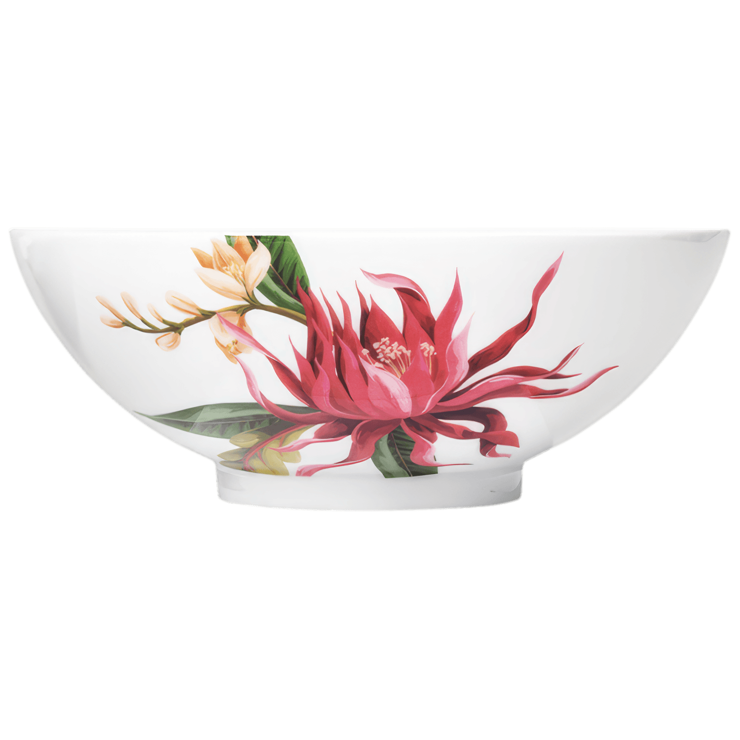 Weiße Porzellanschale mit rotem, blühendem Blumenmotiv, seitlich dargestellt. Fürstenberg Porzellan.
