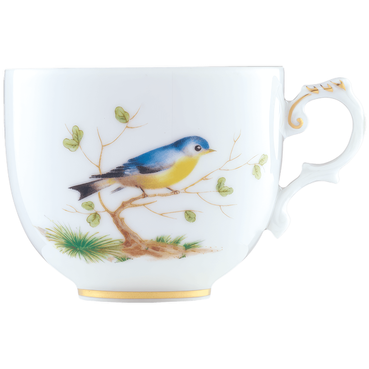 Porzellantasse zeigt blauen Vogel auf Ast, dekoriert mit Blättern. Fürstenberg Porzellan.