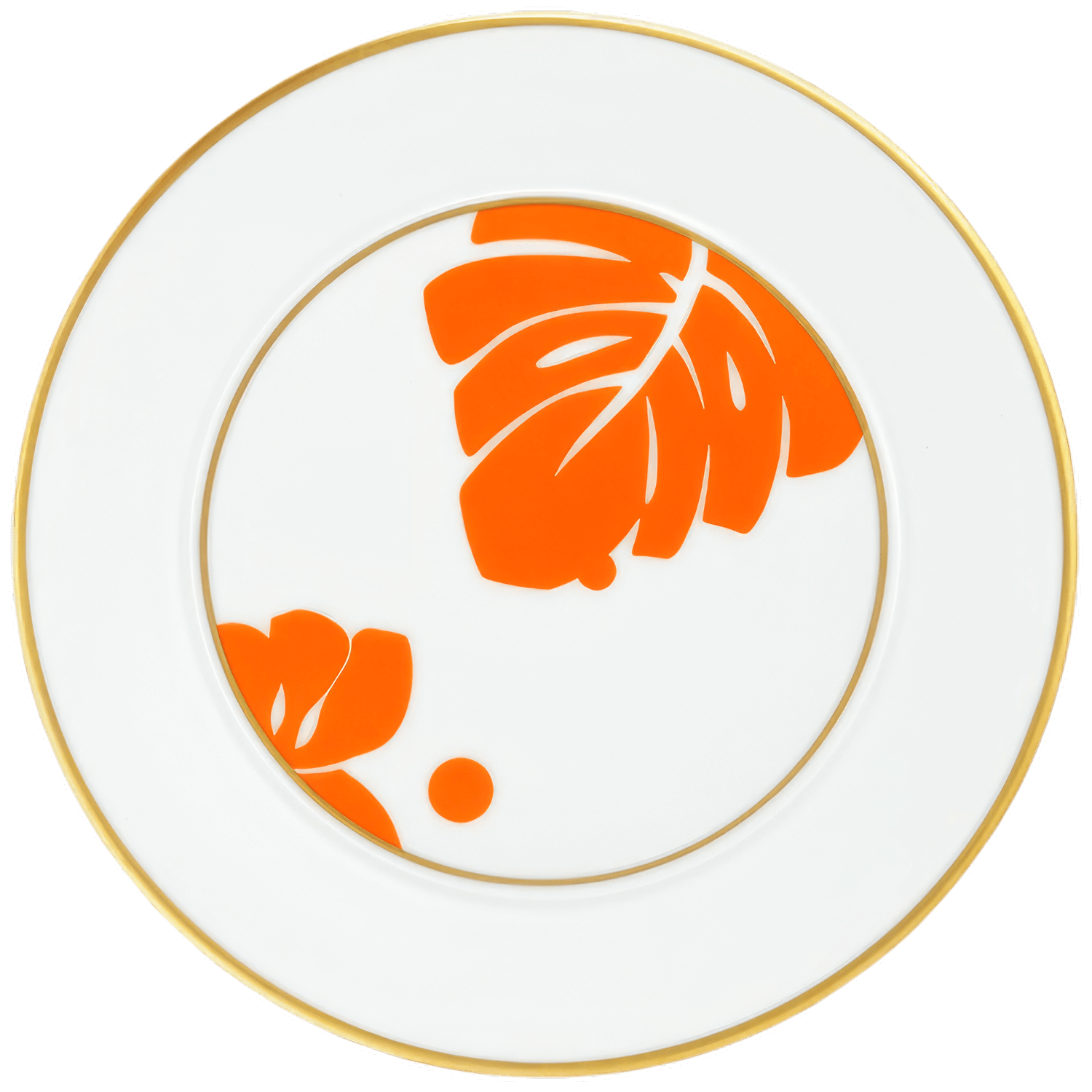 Weißer Porzellanteller, orange-blattes Muster, goldgeränderter Rand. Fürstenberg Porzellan.