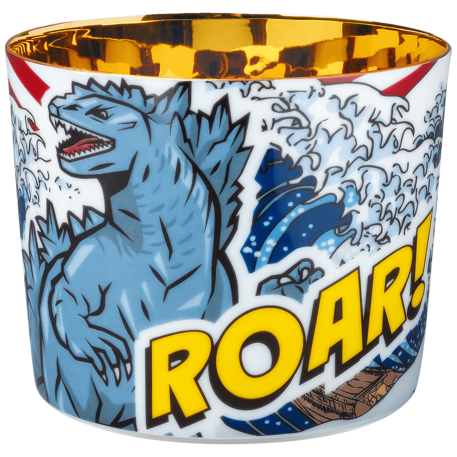 Tasse mit Dinosaurierdesign, gelbe Schrift "ROAR!" innen goldfarben. Fürstenberg Porzellan.