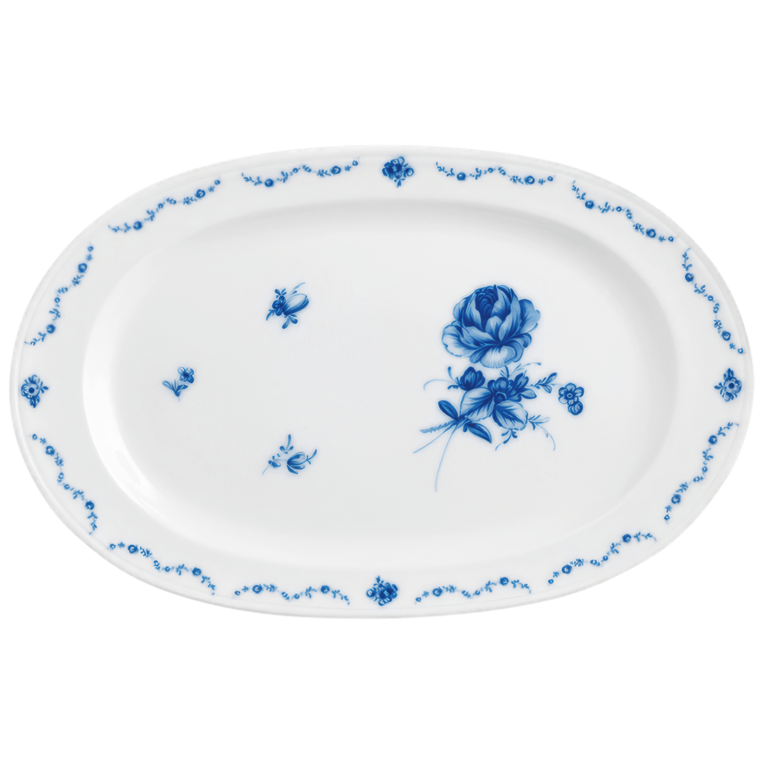 Ovaler Porzellanteller, blaues Blumenmuster, feiner Randdekor, Weiß, klassisch gestaltet. Fürstenberg Porzellan.