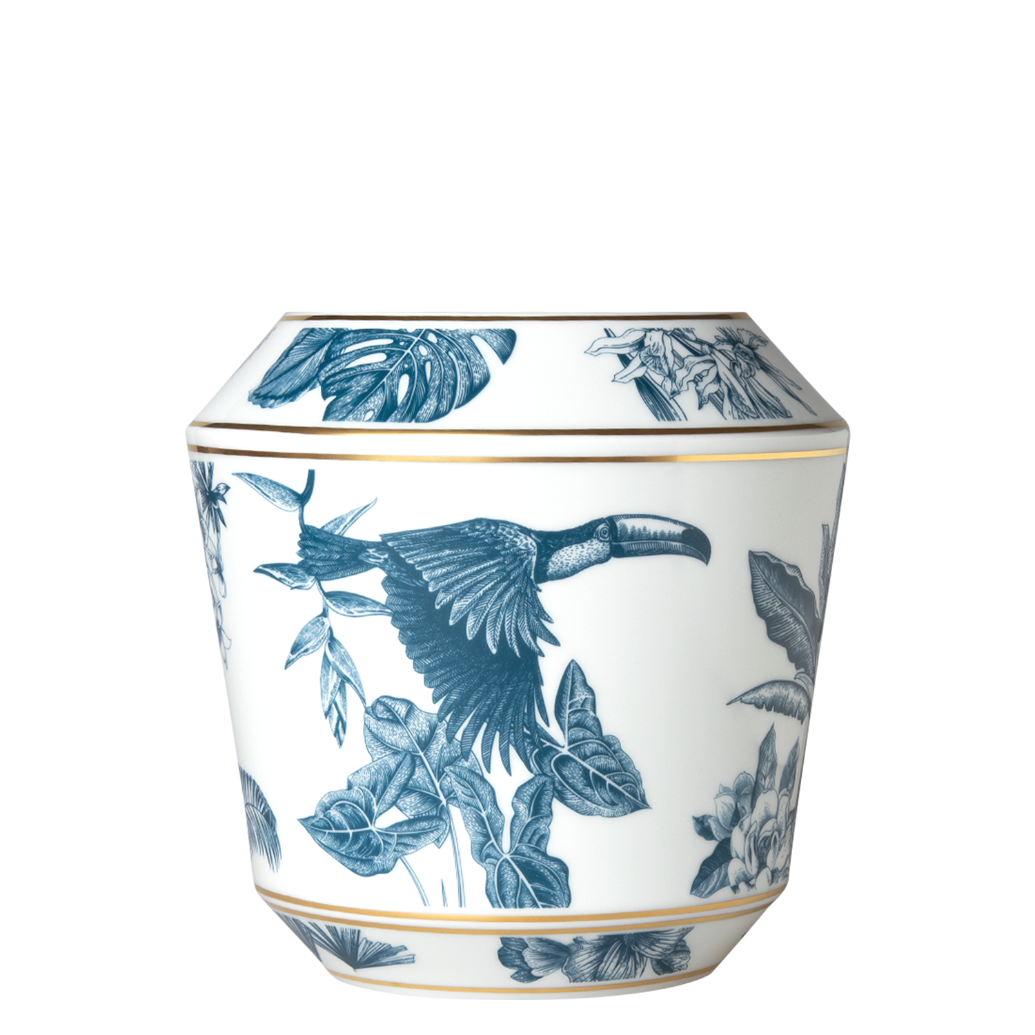 Porzellanschale zeigt blauen Tukan und Pflanzen in elegantem Design. Fürstenberg Porzellan.