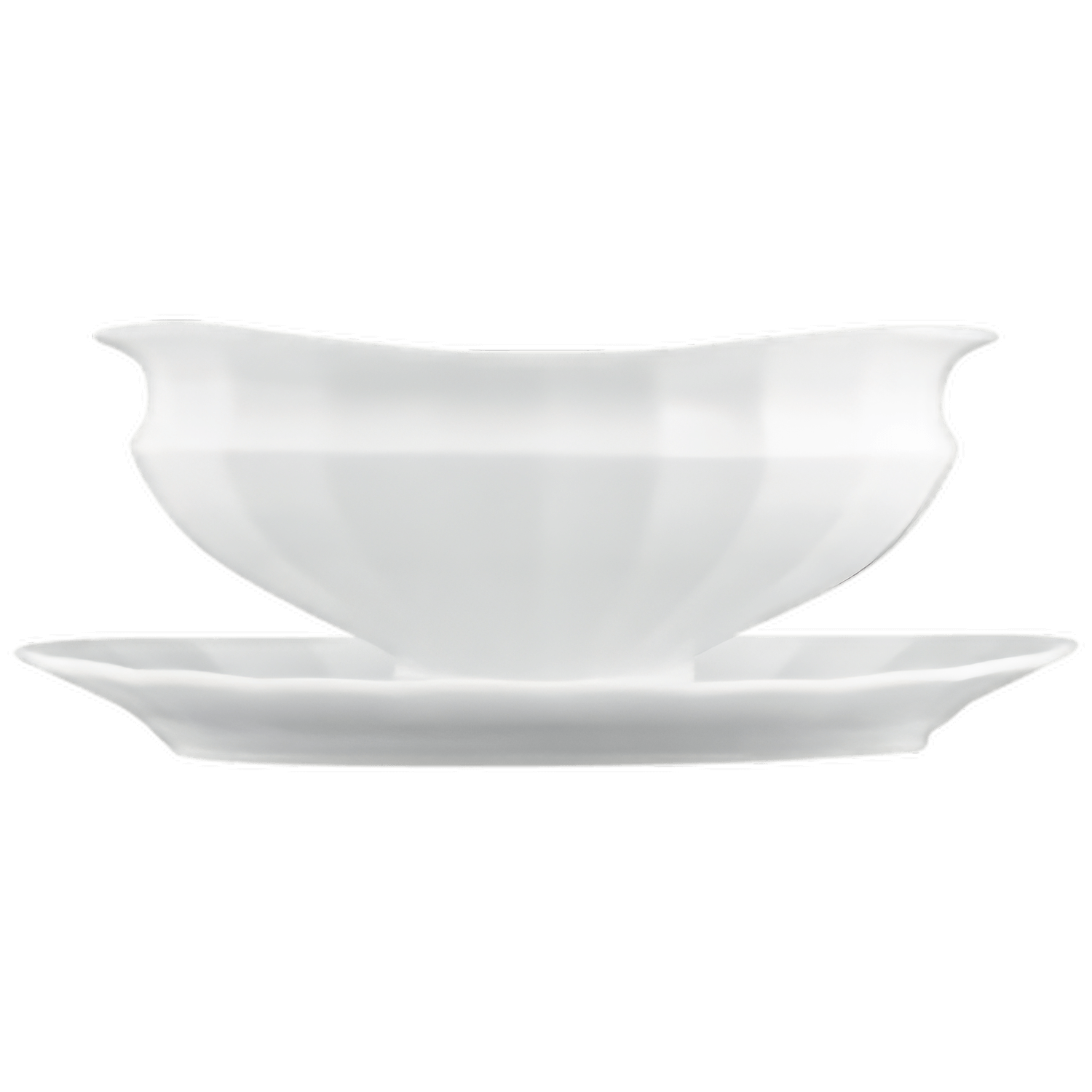 Weiße Porzellanschüssel mit Untertasse, elegant gestaltet, auf schwarzem Hintergrund. Fürstenberg Porzellan.