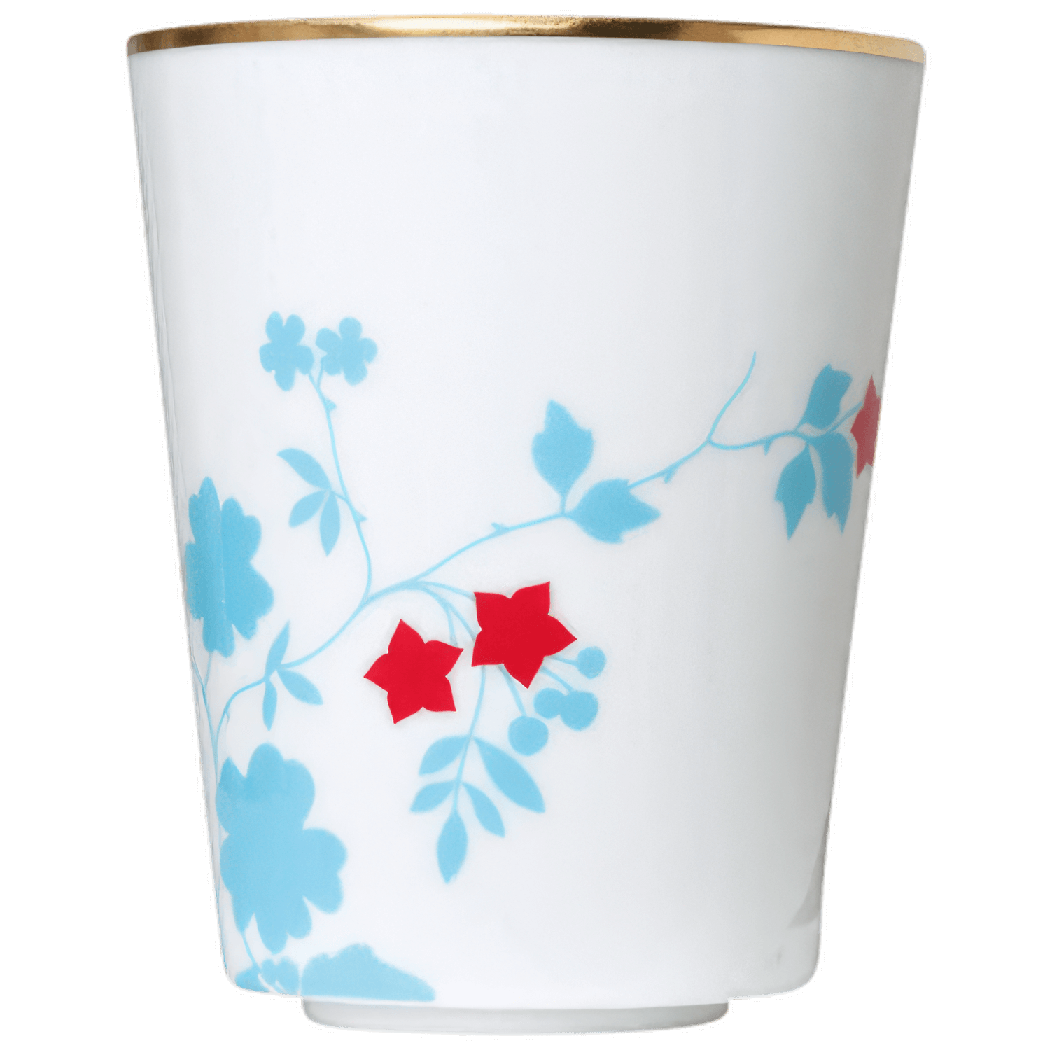 Weiße Tasse mit blau-rotem Blumenmuster und goldfarbenem Rand. Fürstenberg Porzellan.