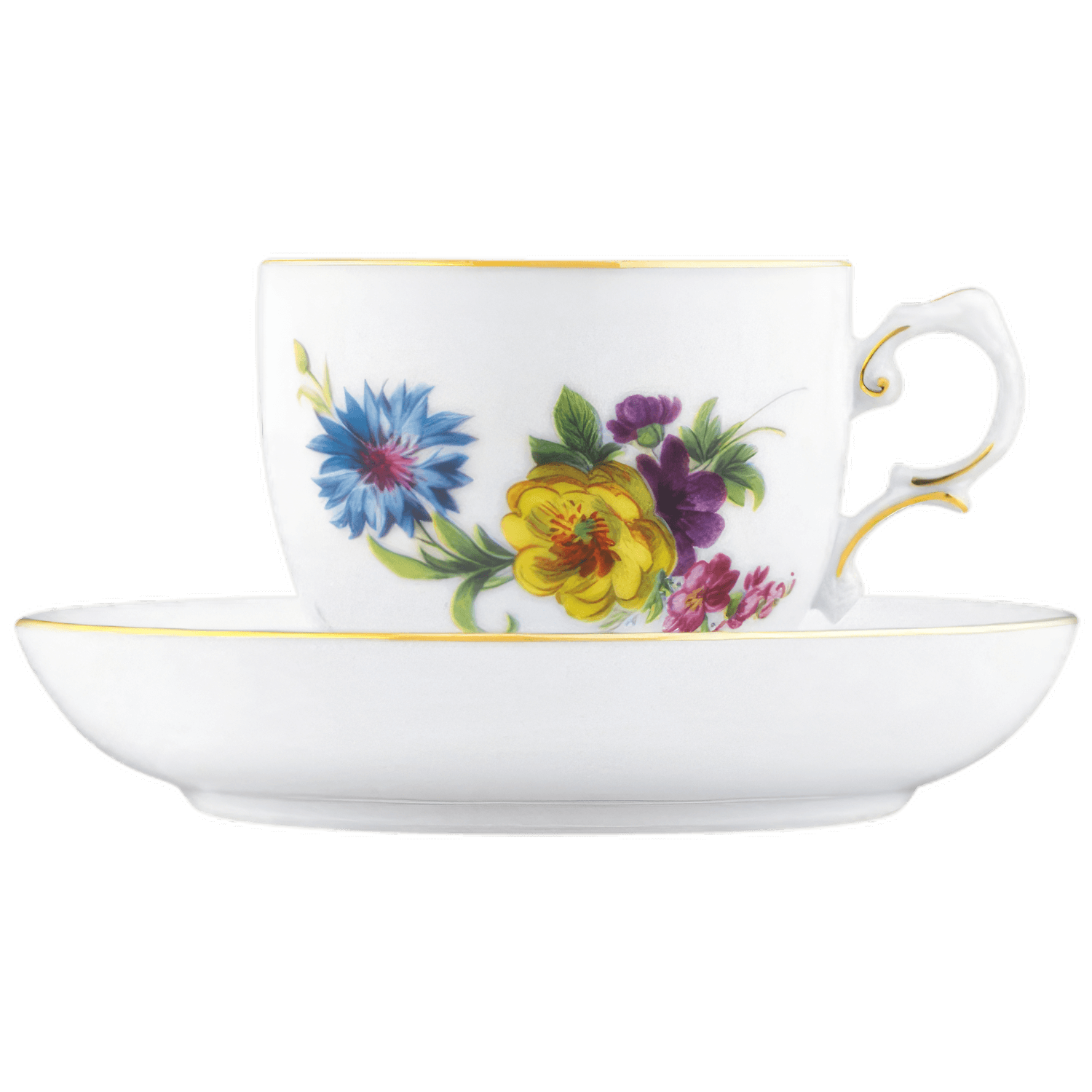 Weiße Tasse mit buntem Blumendekor und Goldrand auf passender Untertasse. Fürstenberg Porzellan.