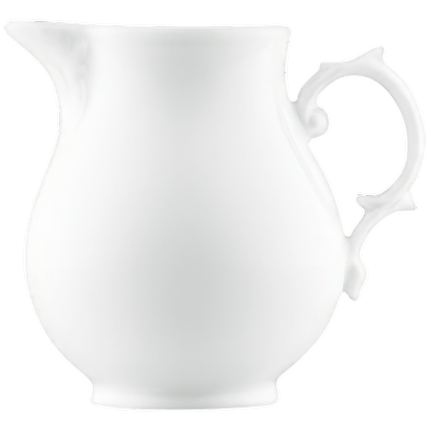 Weißer Porzellan-Milchkrug mit geschwungenem Henkel auf neutralem Hintergrund. Fürstenberg Porzellan.