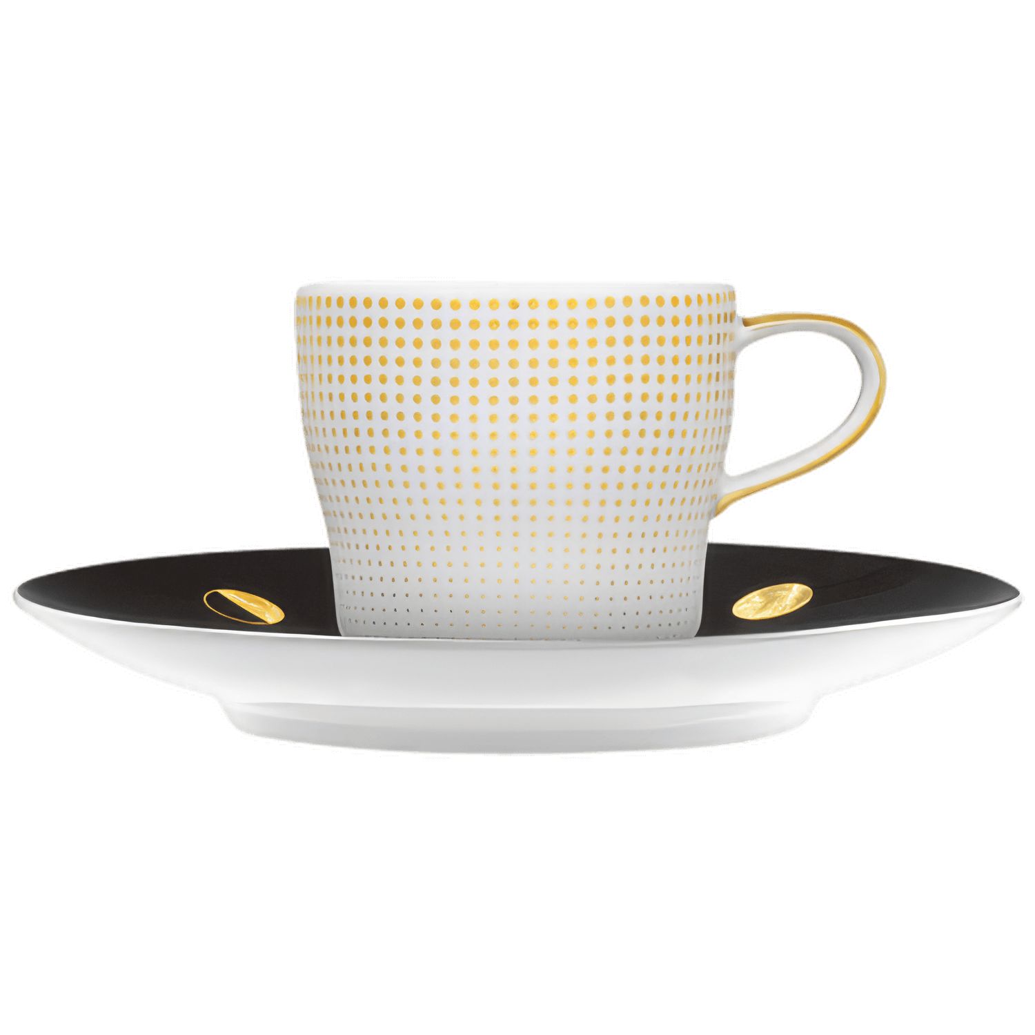 Espressotasse mit goldenen Punkten, schwarz-goldene Untertasse auf weißem Hintergrund. Fürstenberg Porzellan.