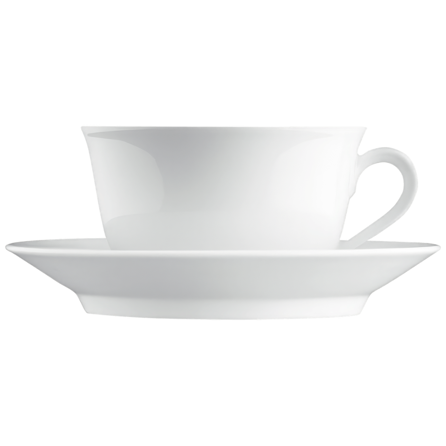Weiße Teetasse mit Untertasse vor schwarzem Hintergrund. Fürstenberg Porzellan.