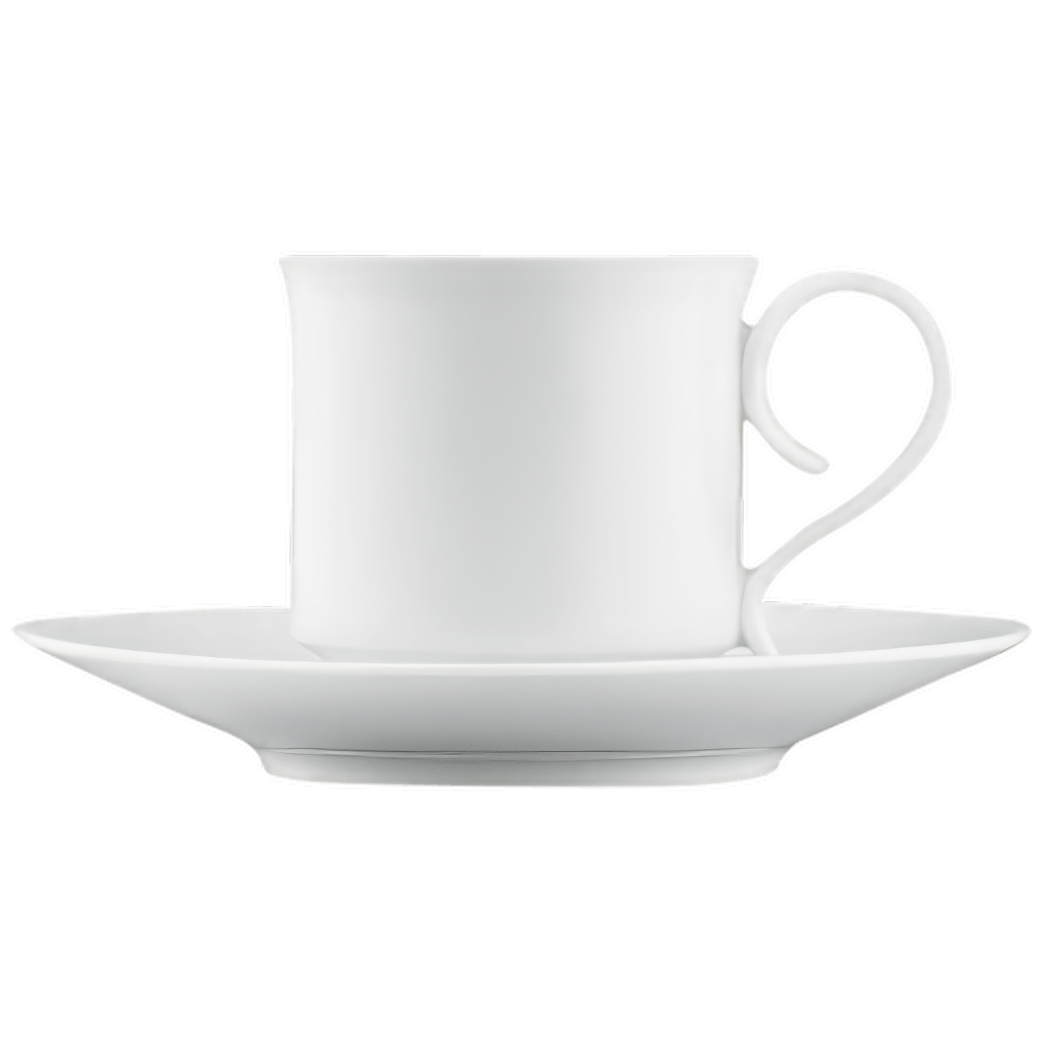 Weiße, schlichte Teetasse mit Untertasse, filigraner Henkel, auf neutralem Hintergrund. Fürstenberg Porzellan.
