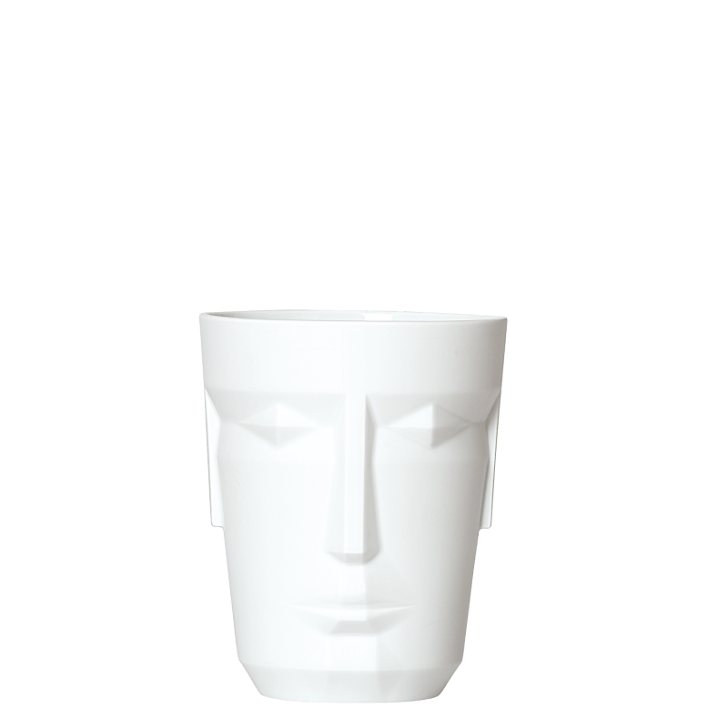 Weiße Tasse mit stilisiertem Gesichtsmotiv, minimalistisch gestaltet. Fürstenberg Porzellan.