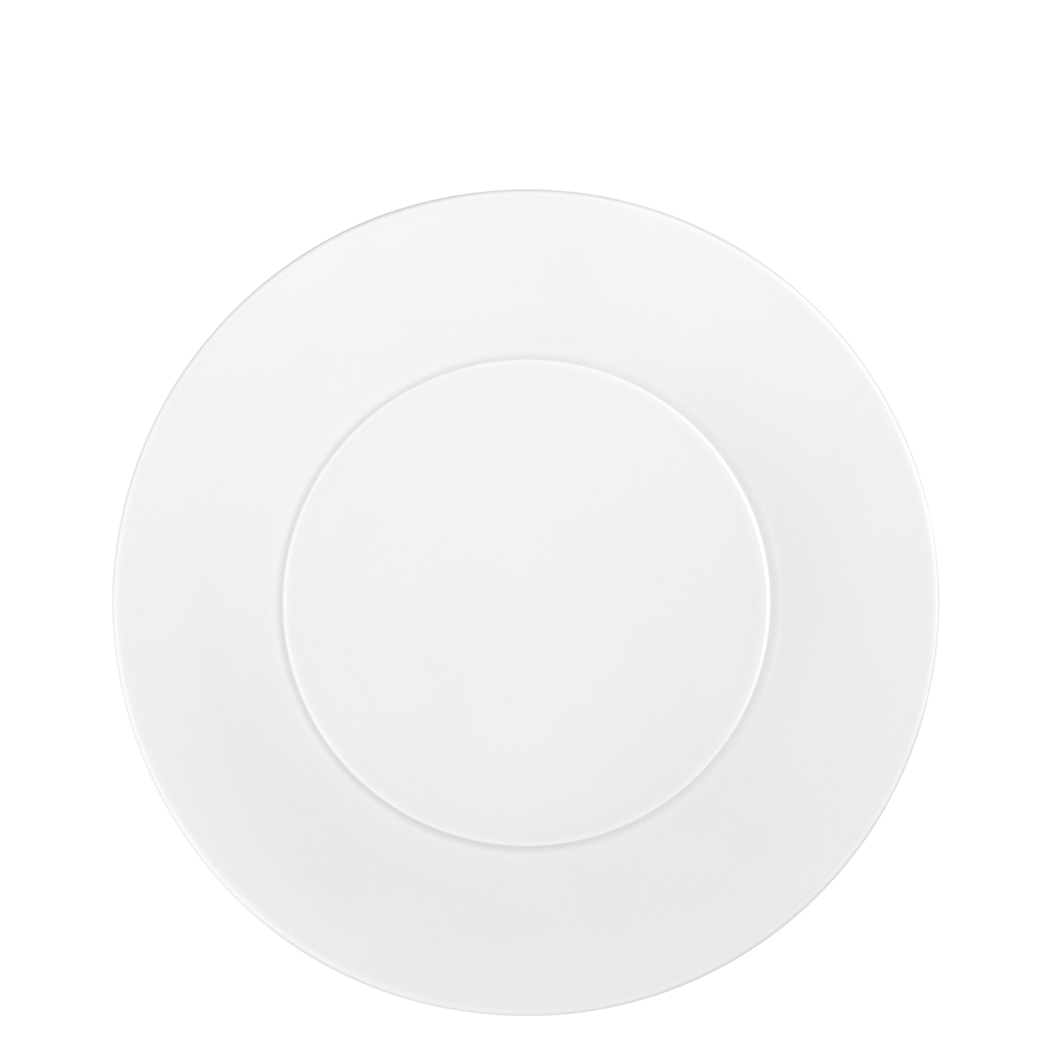 Weißer, minimalistischer Porzellanteller liegt flach auf einem neutralen Hintergrund. Fürstenberg Porzellan.