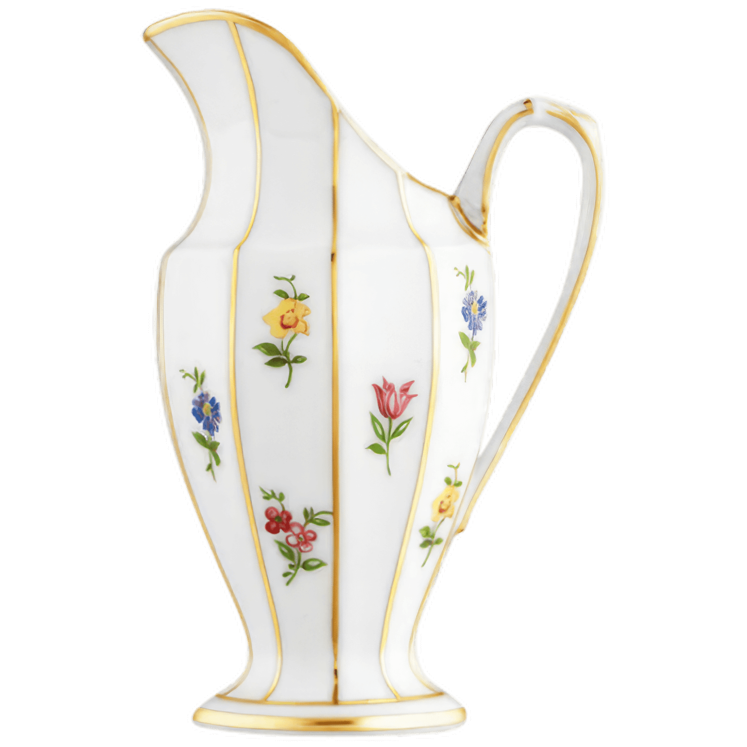 Elegante Porzellankanne mit Goldrand und buntem Blumenmuster, stehend. Fürstenberg Porzellan.