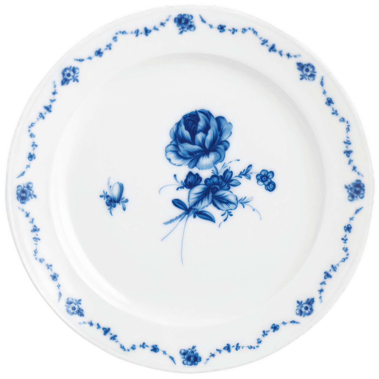 Teller mit blauen Blumenmotiven, zartes Muster am Rand, weißer Hintergrund. Fürstenberg Porzellan.