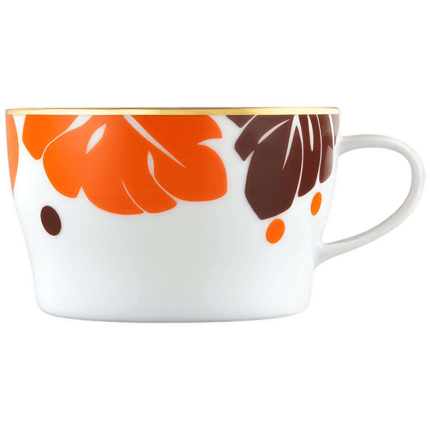 Weiße Porzellantasse mit orange-braunem Blattmuster, schwarzem Punkt; luxuriöse Gestaltung. Fürstenberg Porzellan.