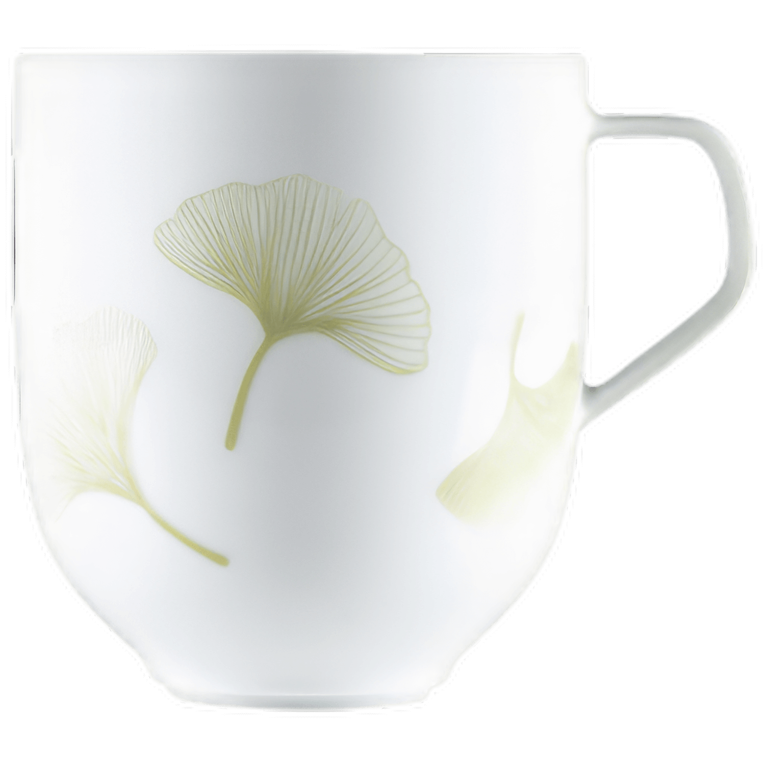 Weiße Tasse mit grünem Ginkgoblattmuster, seitlich auf weißem Hintergrund. Fürstenberg Porzellan.