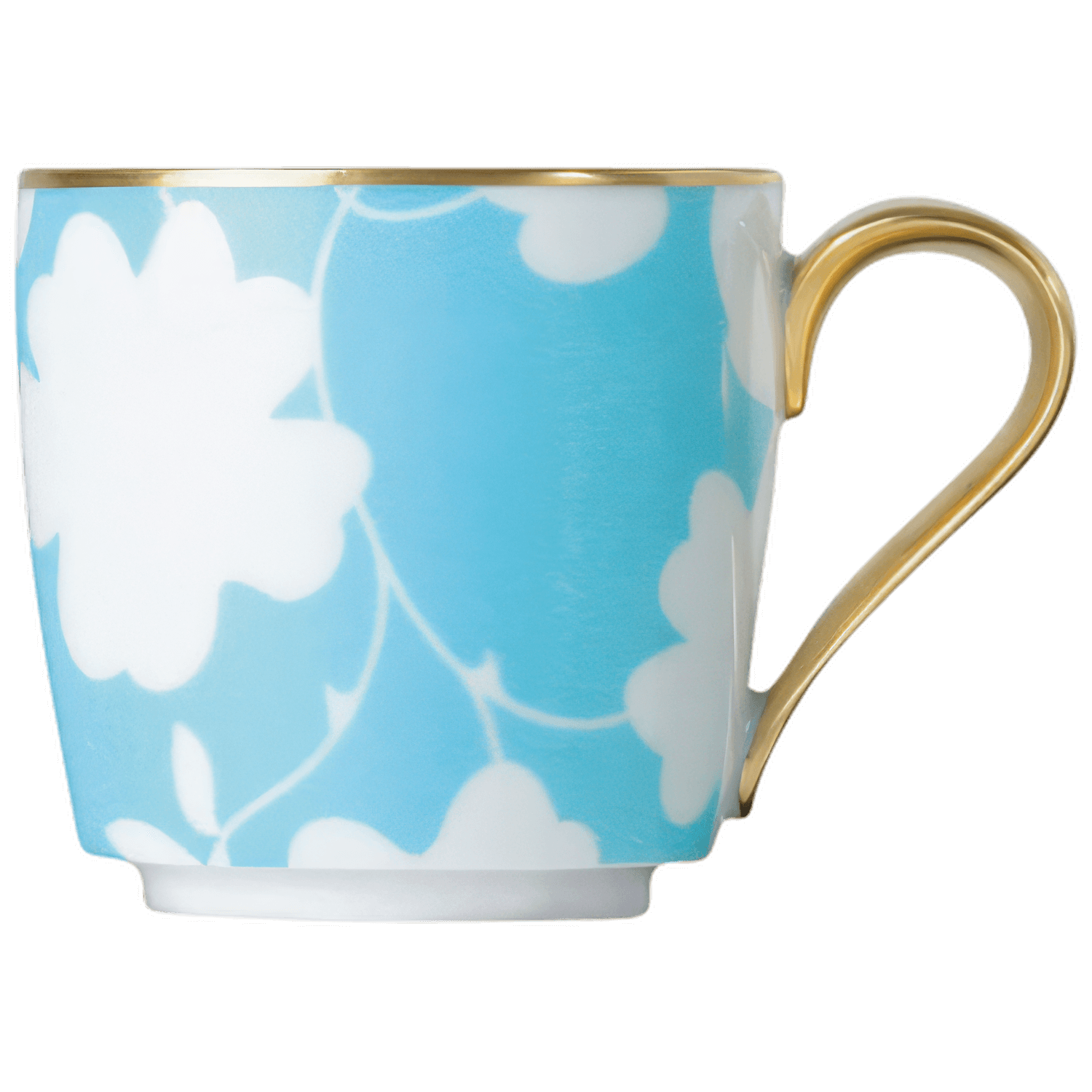 Tasse mit blau-weißem Blumenmuster und goldener Verzierung, stehend. Fürstenberg Porzellan.