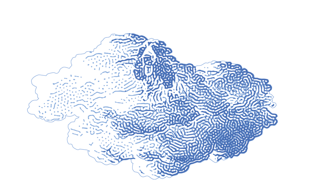 Blaue, detaillierte Linien formen Wolkenmuster auf weißem Hintergrund. Fürstenberg Porzellan.