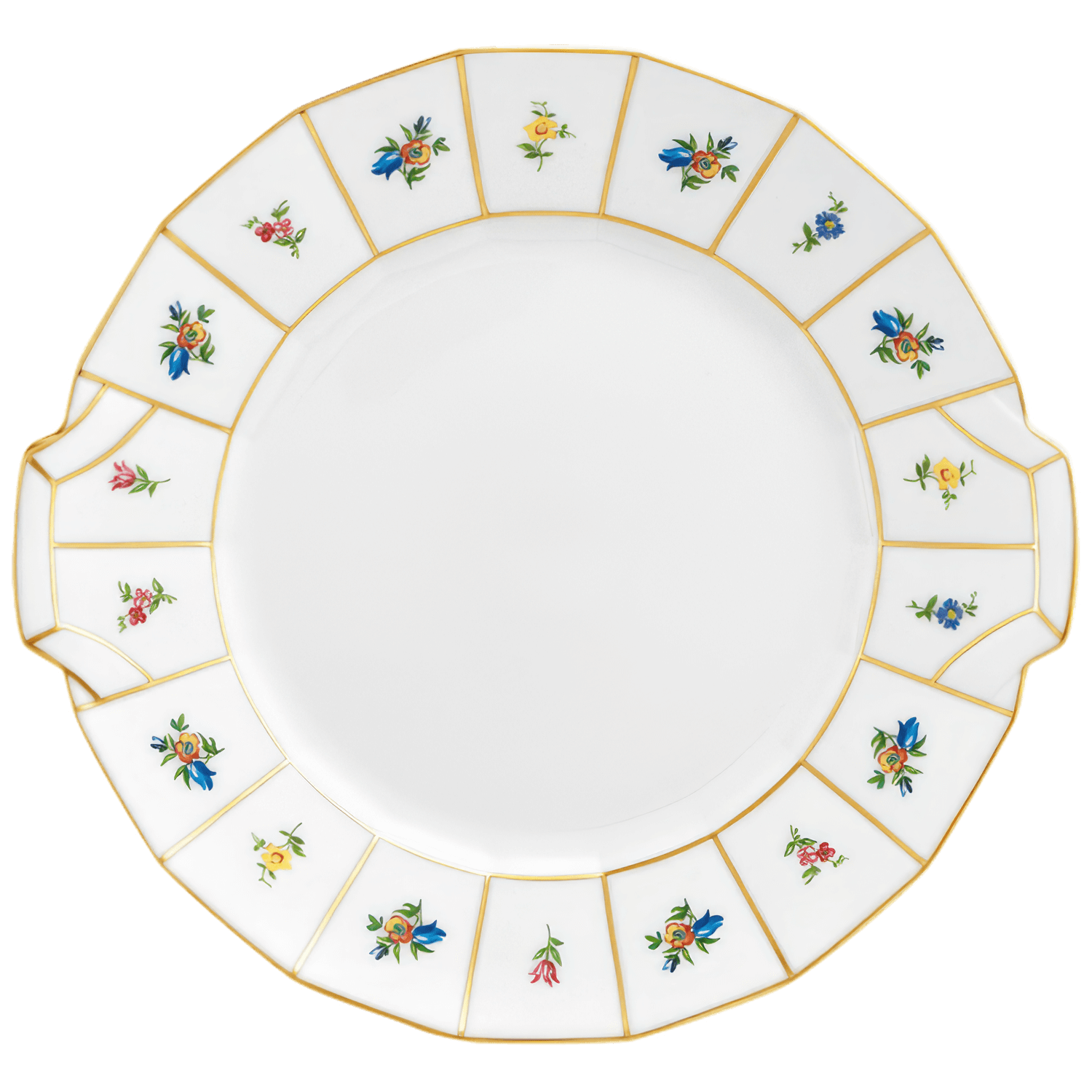 Weißer Teller mit goldenen Linien und bunten Blumenmotiven auf dem Rand. Fürstenberg Porzellan.