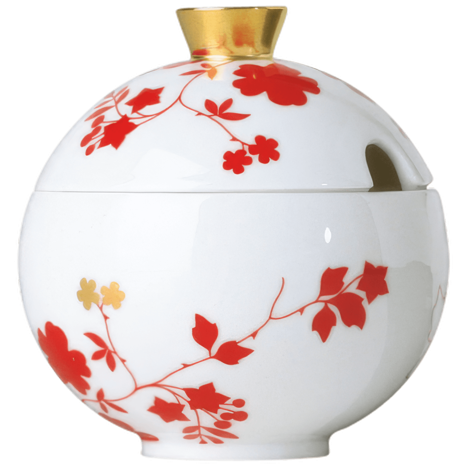 Weiße Porzellankugelvase mit roten Blumenmustern und goldener Öffnung. Fürstenberg Porzellan.
