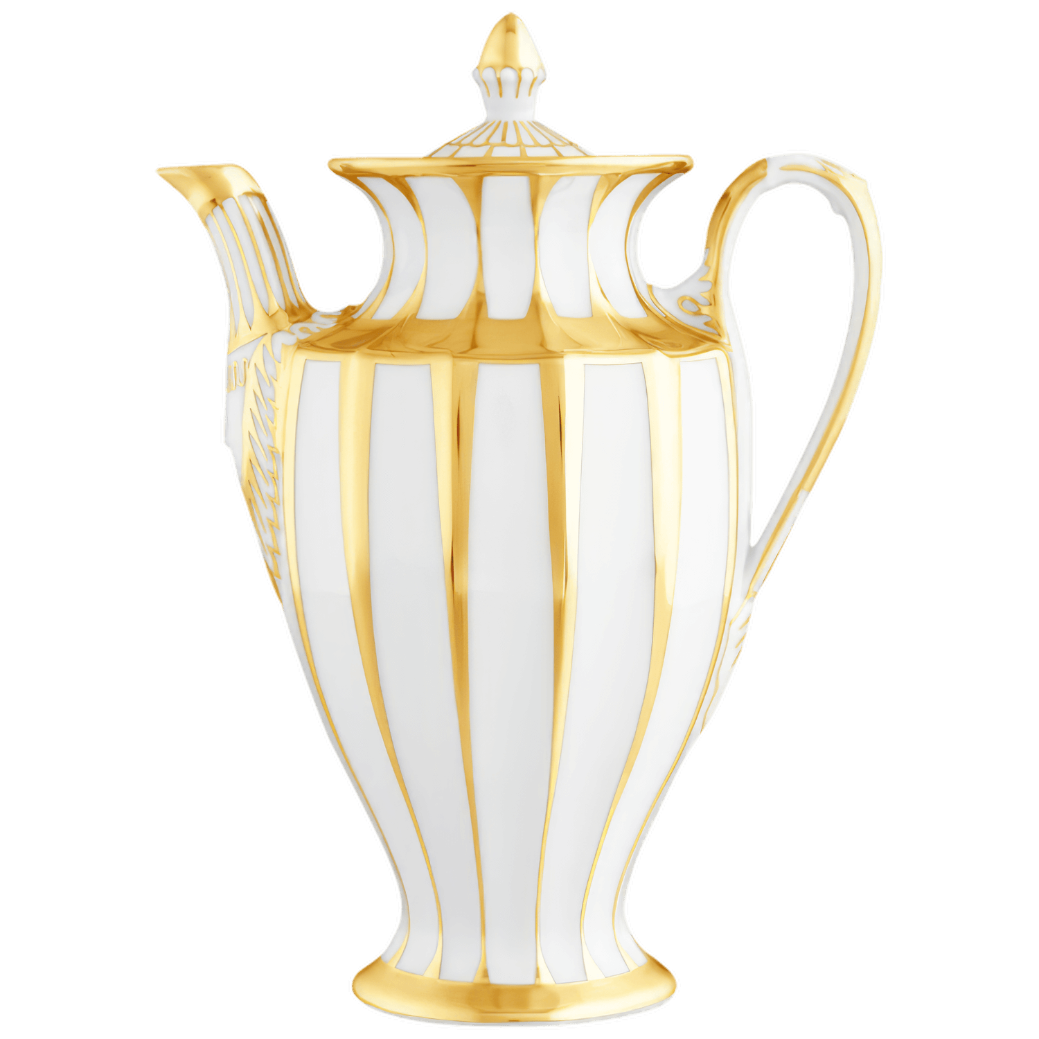 Porzellankanne mit goldenen Streifen, geschwungenem Henkel und Deckel. Fürstenberg Porzellan.