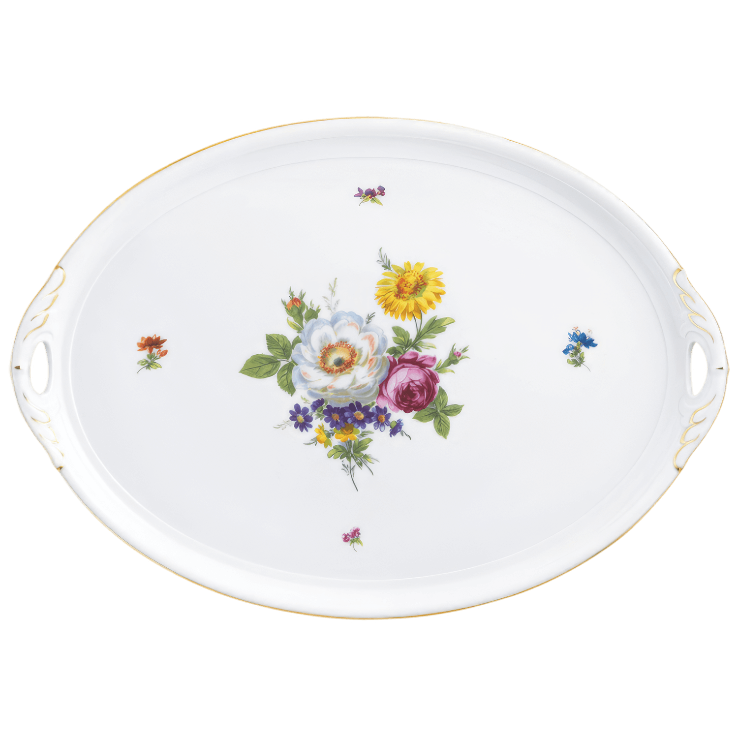 Ovales Tablett mit Blumendekor, beidseitigen Griffen, auf weißem Hintergrund. Fürstenberg Porzellan.