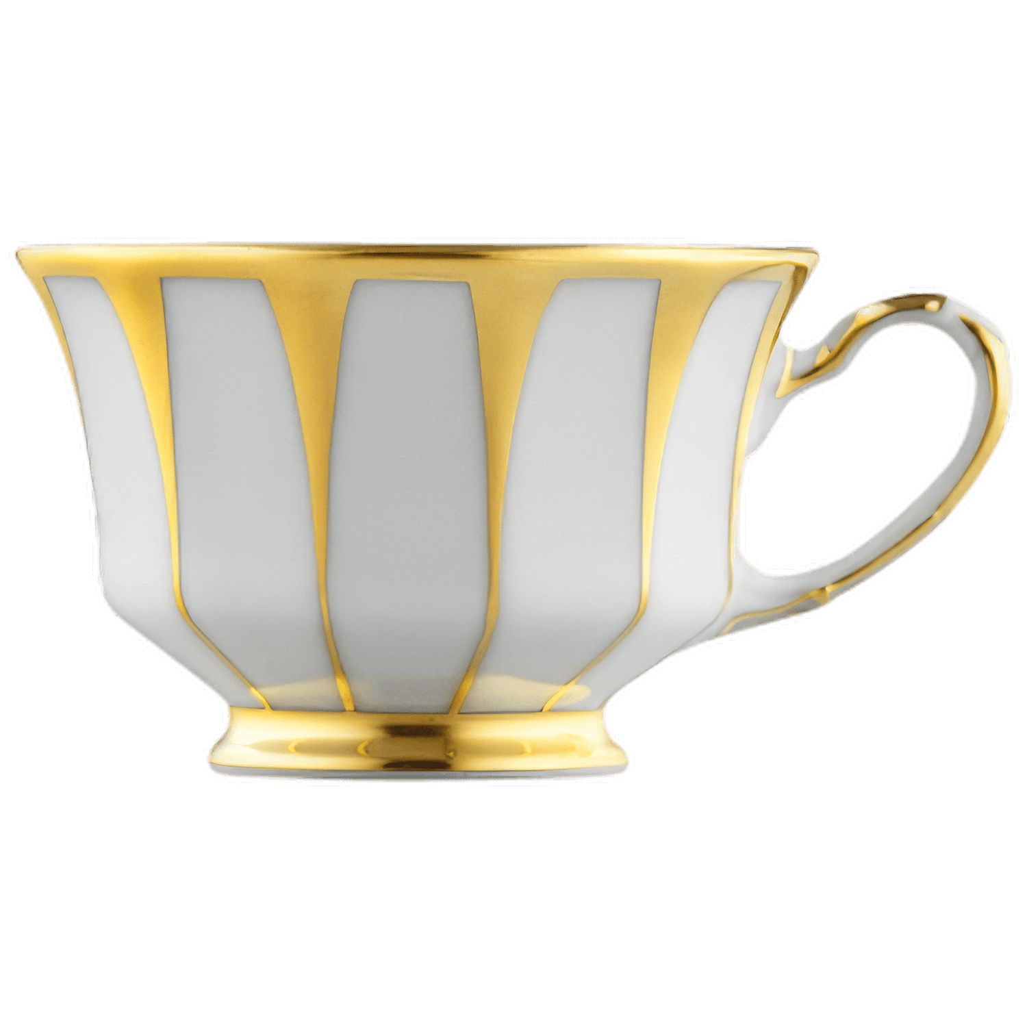 Weiße Tasse mit goldenen Streifen und Henkel, auf schwarzem Hintergrund. Fürstenberg Porzellan.