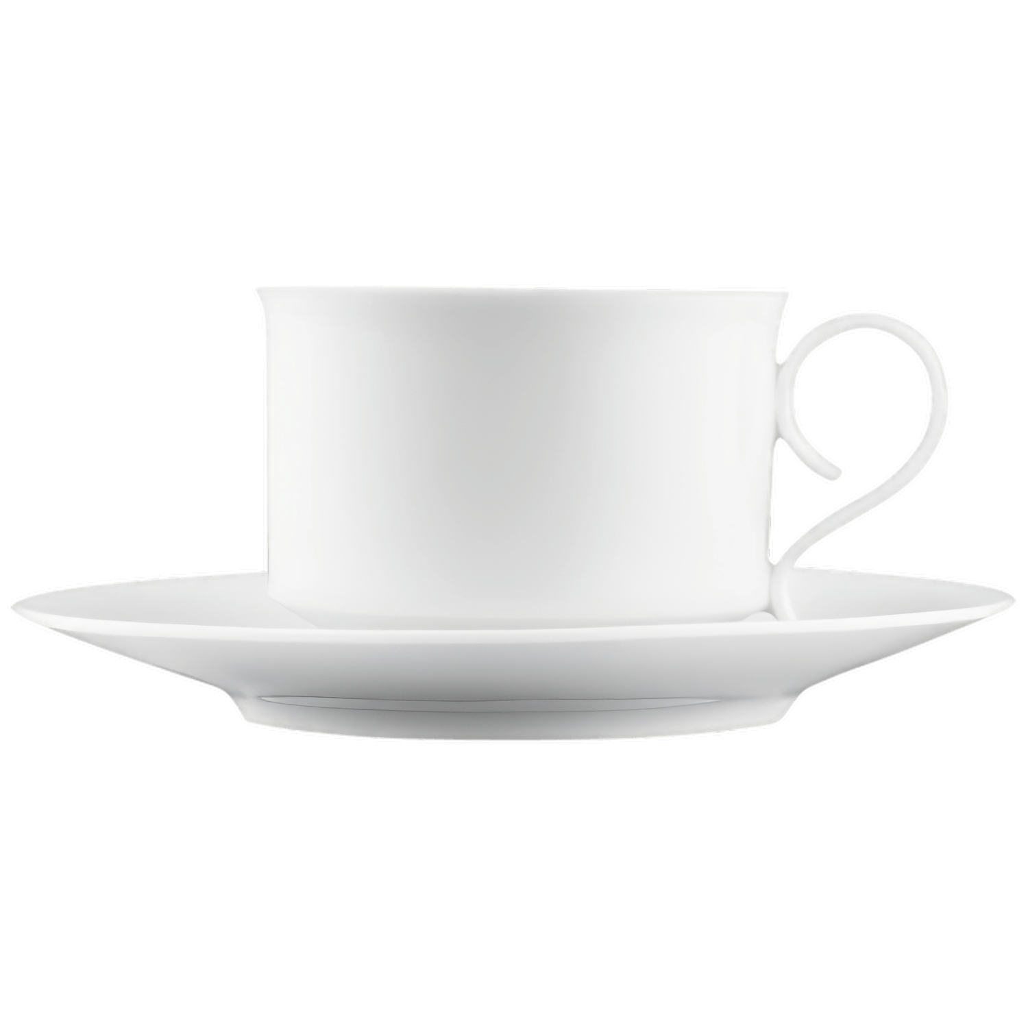 Weiße Teetasse mit Untertasse, steht auf schwarzem Hintergrund. Fürstenberg Porzellan.