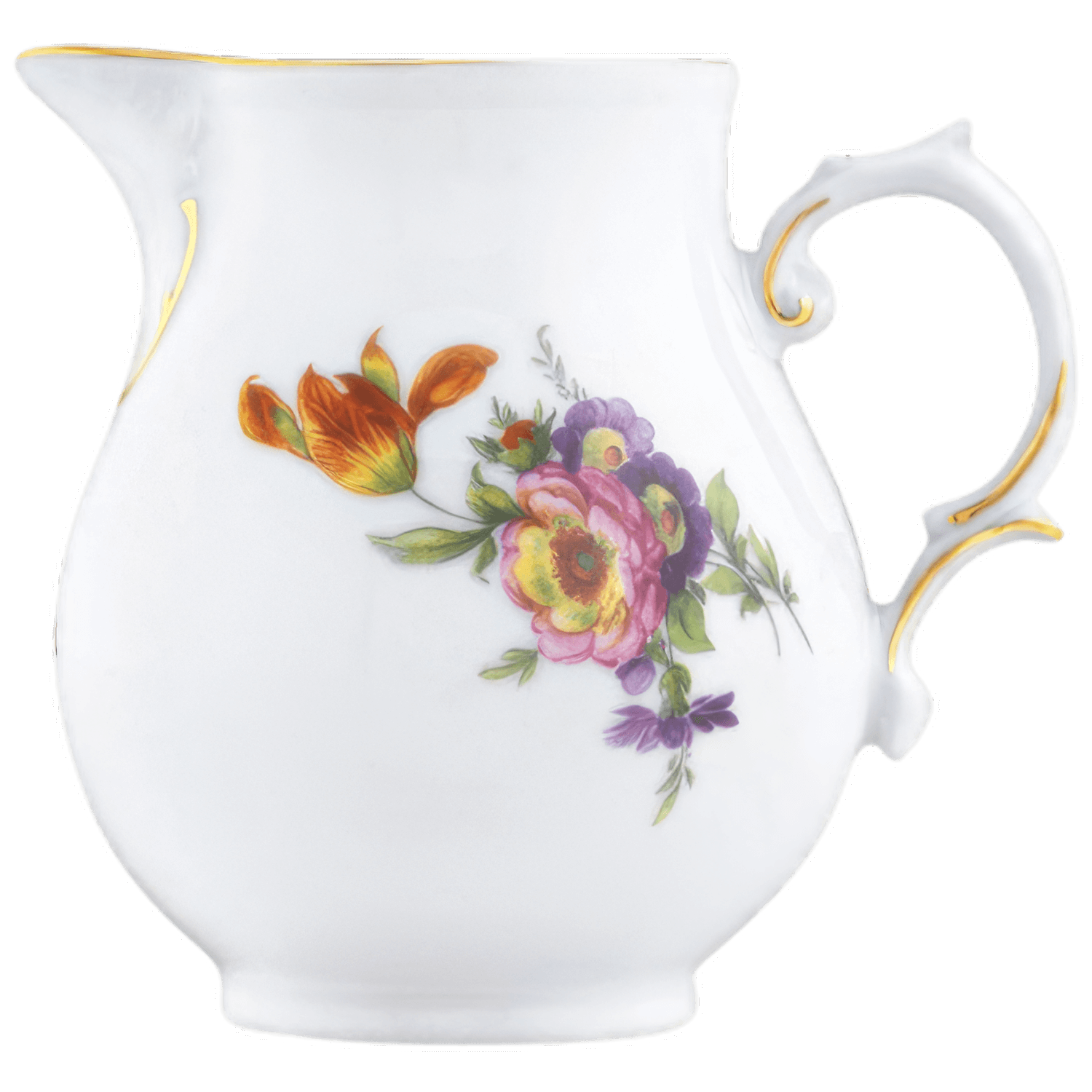 Weiße Porzellan-Milchkanne mit buntem Blumenmuster und goldfarbenem Rand. Fürstenberg Porzellan.