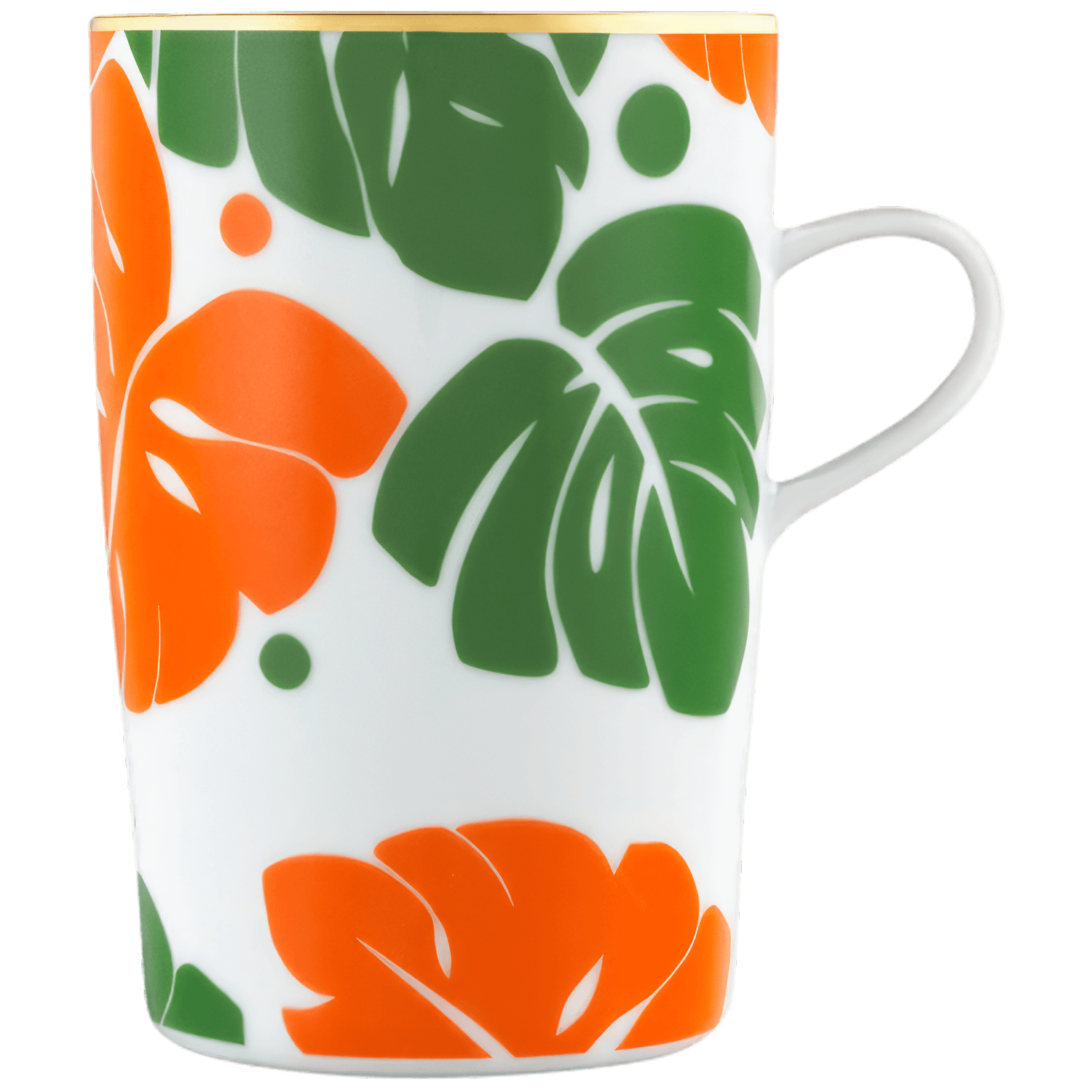 Weiße Tasse mit orange-grünem Tropenblatt-Design, aufrecht stehend. Fürstenberg Porzellan.