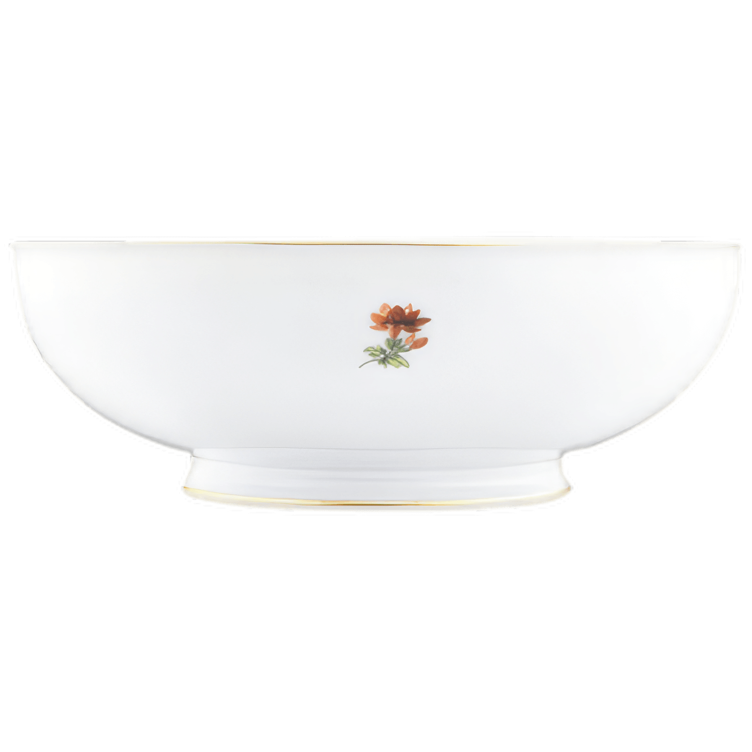 Weiße Porzellanschale mit rotem Blumenmotiv in der Mitte, auf schwarzem Hintergrund. Fürstenberg Porzellan.