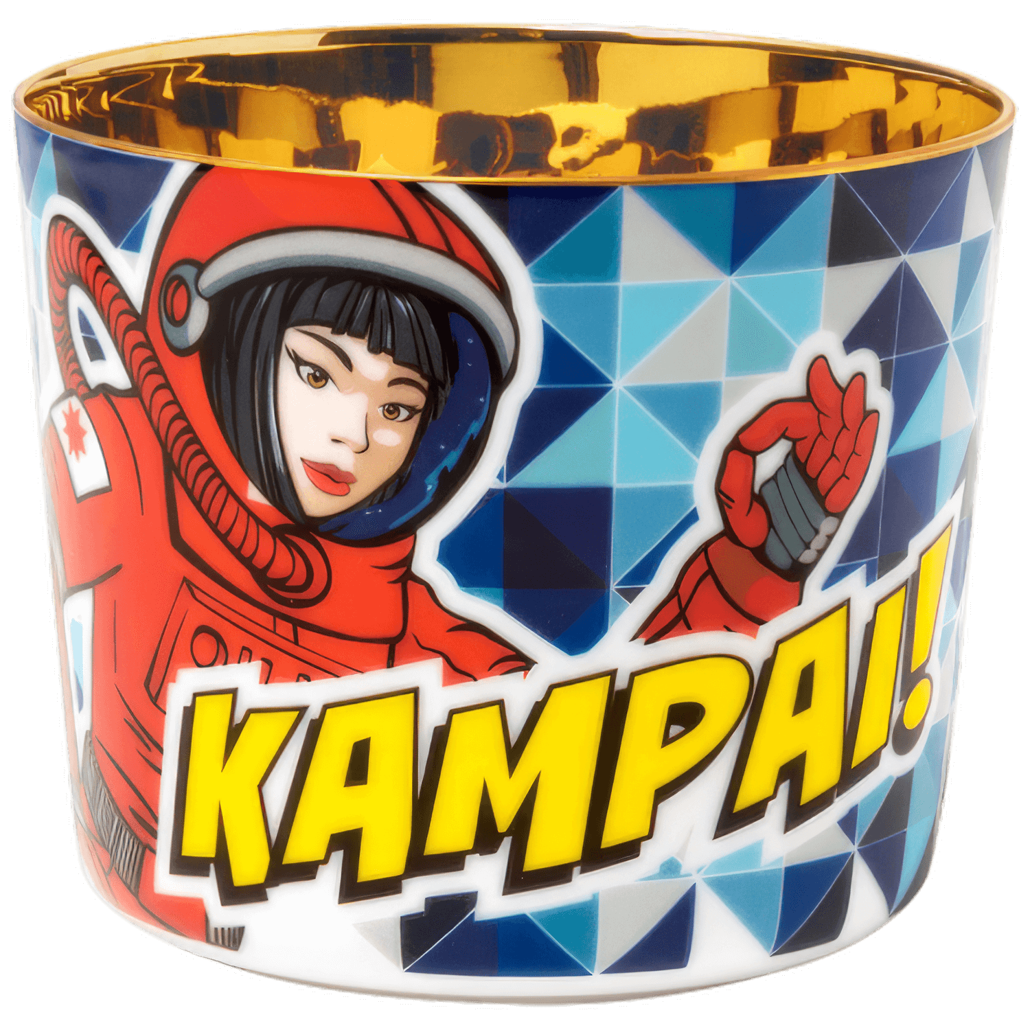Kaffeebecher mit Astronautenmotiv, Schriftzug "Kampai!", innen goldene Verzierung. Fürstenberg Porzellan.