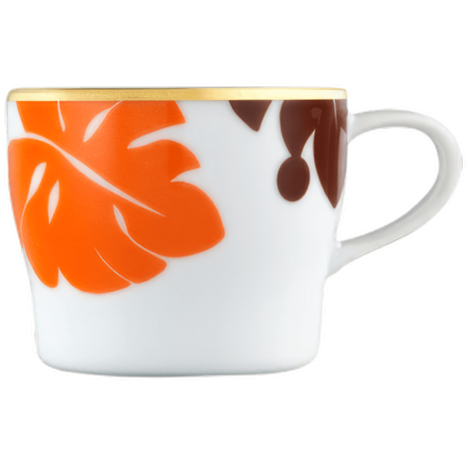 Weiße Tasse mit orangem und braunem Blätter-Muster, goldener Rand. Fürstenberg Porzellan.