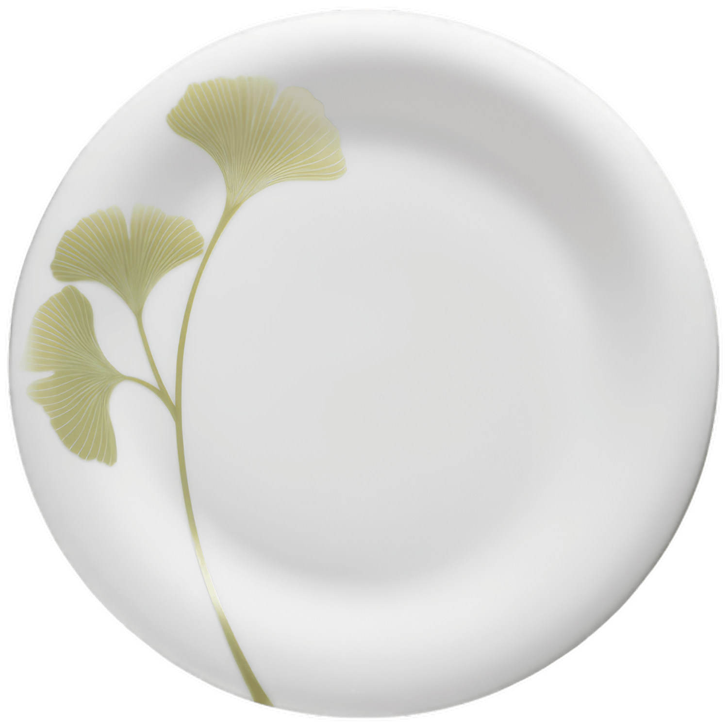 Weißer Porzellanteller mit grünem Ginkgo-Blattmotiv im modernen Design. Fürstenberg Porzellan.