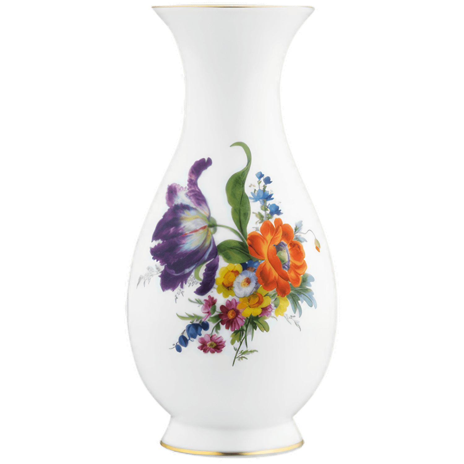 Weiße Porzellanvase mit buntem Blumenmuster und Goldrand, stehend. Fürstenberg Porzellan.