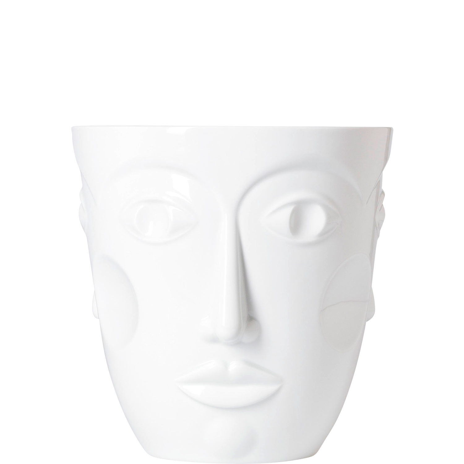 Weiße Porzellanvase mit stilisiertem Gesicht, ruhige Erscheinung. Fürstenberg Porzellan.