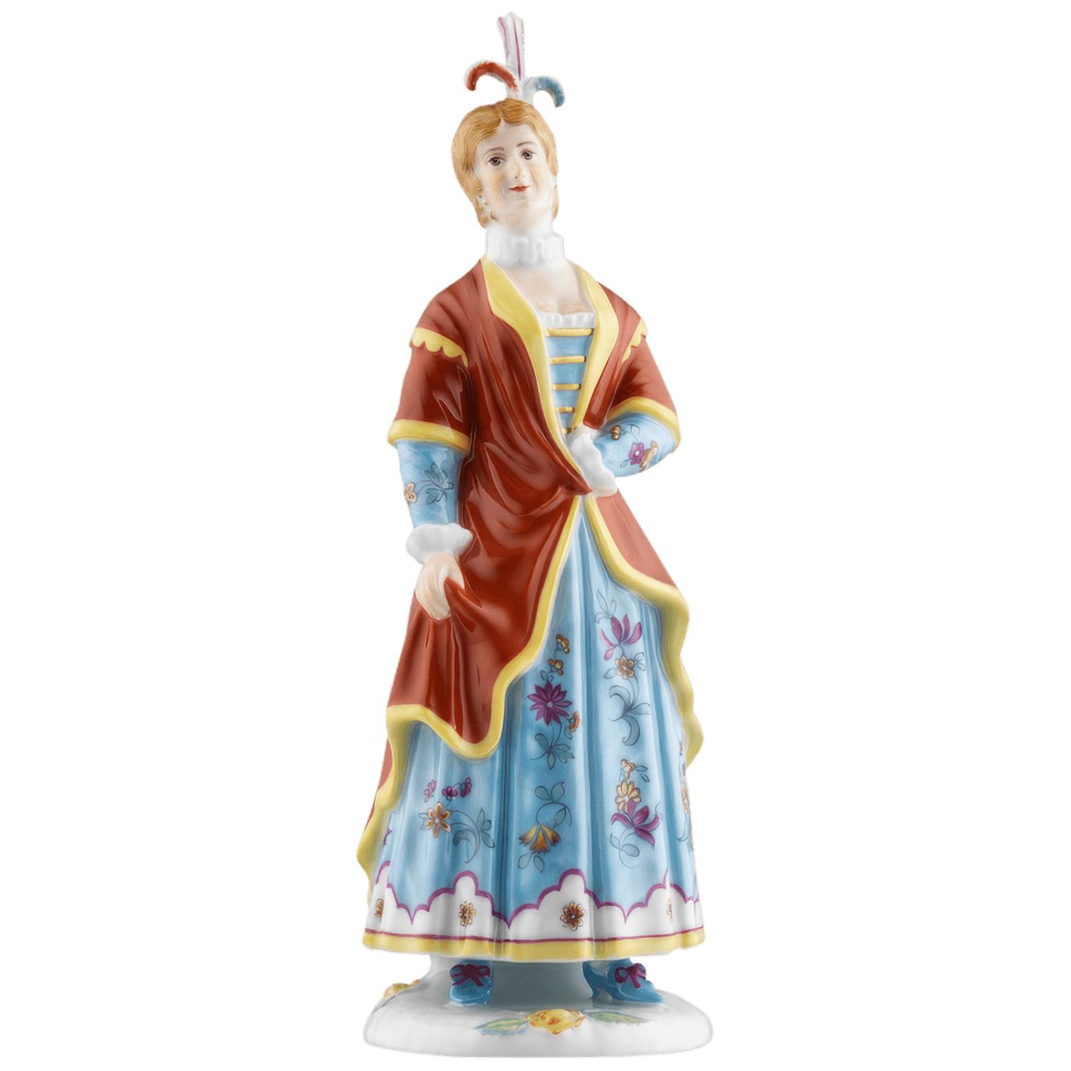Porzellanfigur einer Frau in historischer Kleidung mit Blumenmuster. Fürstenberg Porzellan.