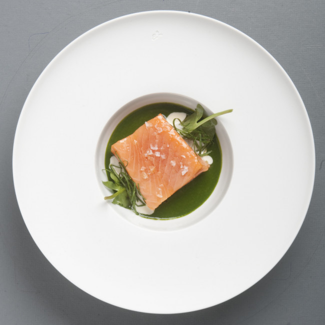 Lachsfilet auf grünem Püree und Rucola arrangiert auf weißem Teller. Fürstenberg Porzellan.