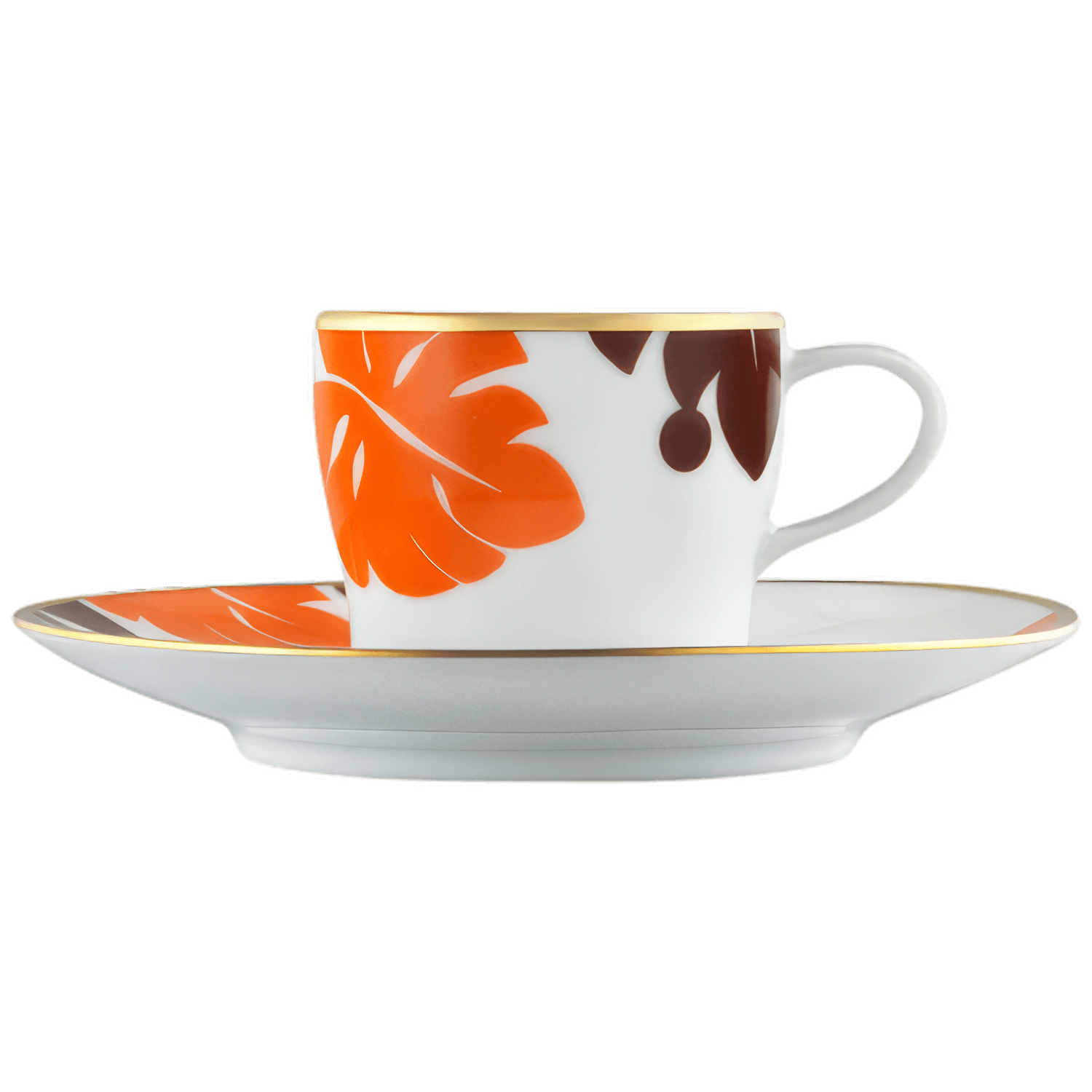 Kaffeetasse mit herbstlichem Blattmuster auf Unterteller, Akzent in Orange und Braun. Fürstenberg Porzellan.