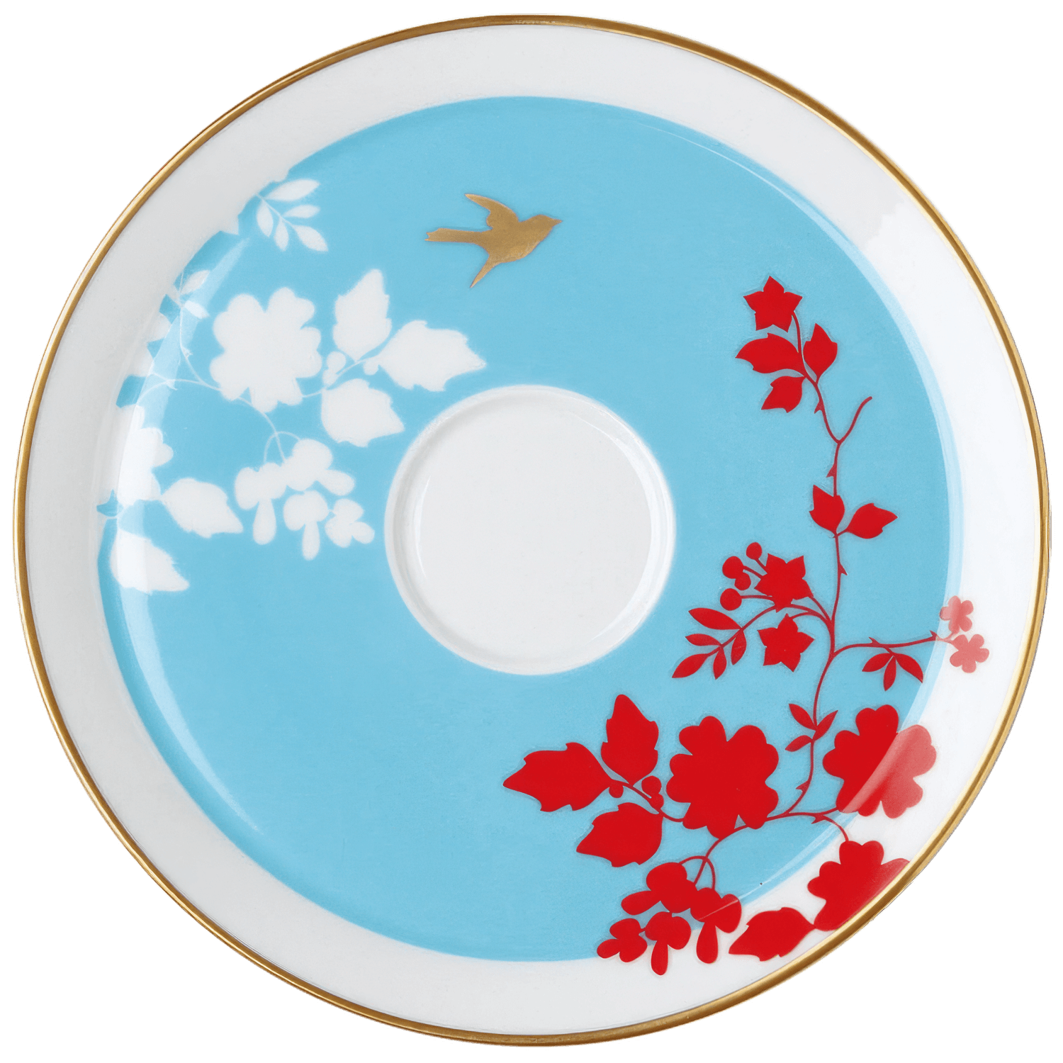 Weiße Porzellanuntertasse mit blauen Hintergrund, roten Blumen und fliegendem Vogel. Fürstenberg Porzellan.