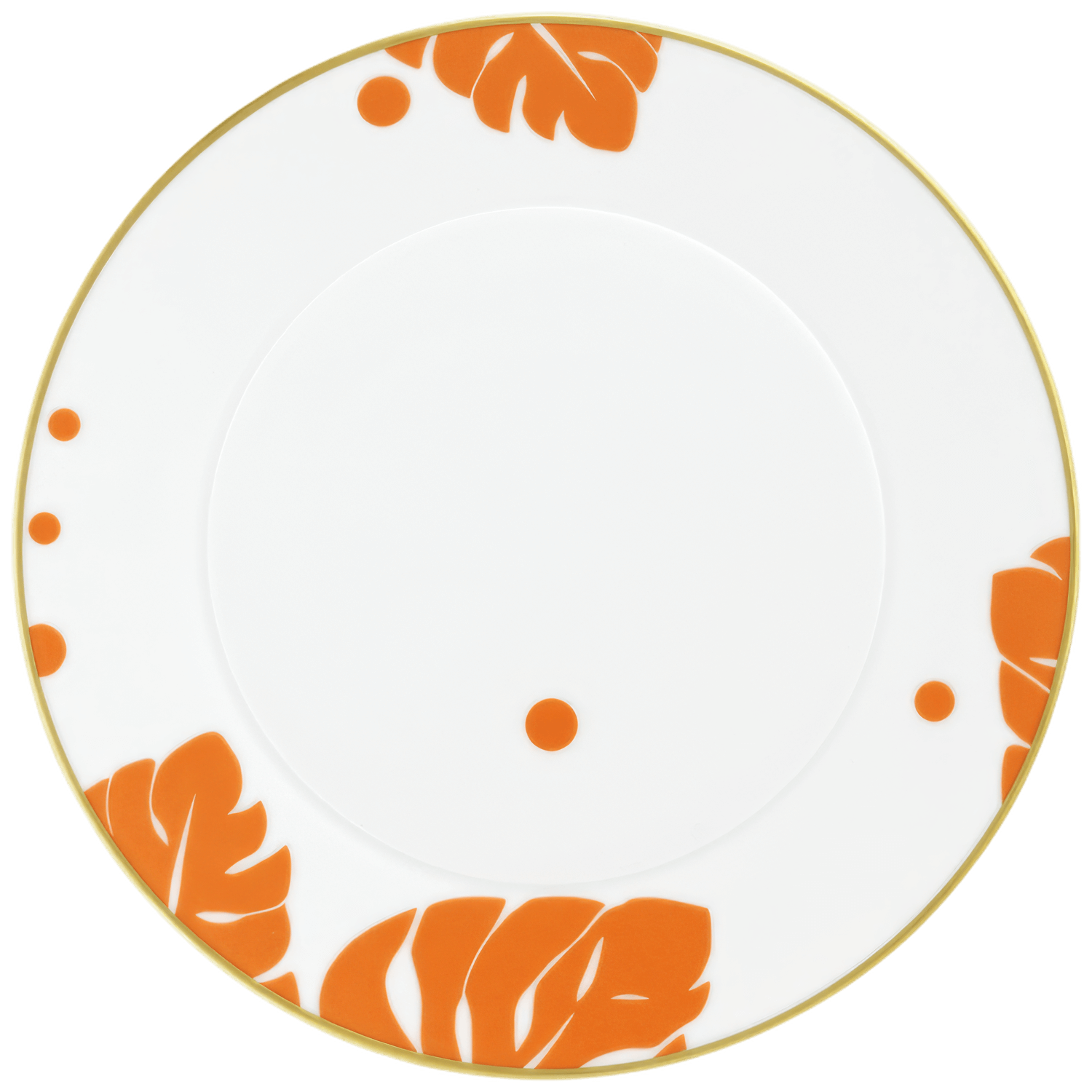 Weiße Porzellantasse mit orangen Blättern und Punkten, goldener Rand. Fürstenberg Porzellan.