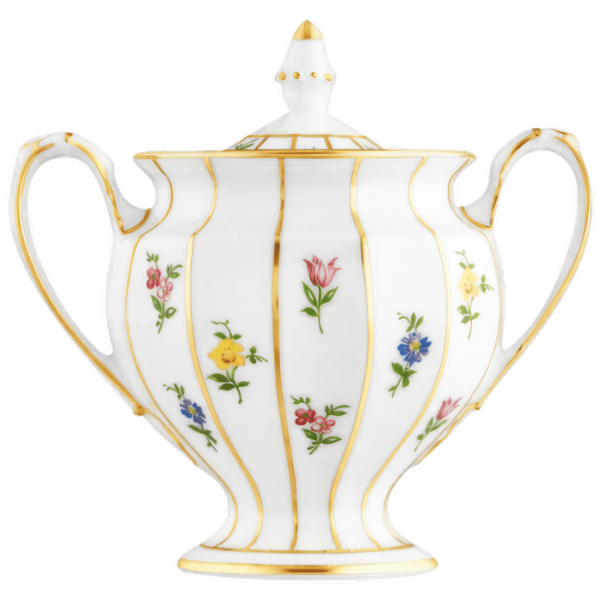 Weiße Porzellan-Zuckerdose mit Blumenmuster, goldenen Streifen, zwei Henkeln. Fürstenberg Porzellan.